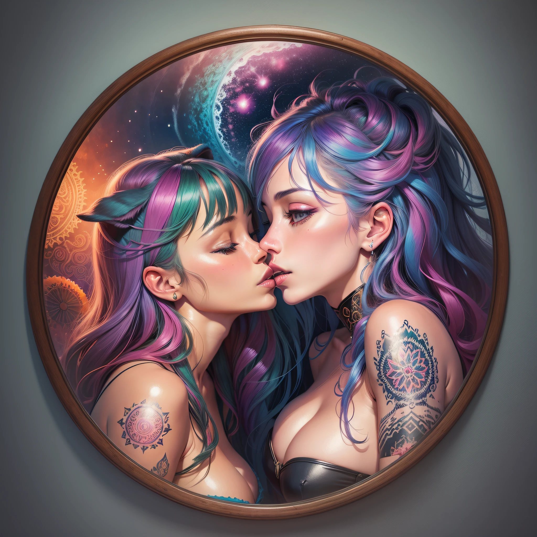 I wish seaart.ai remove the NSFW censorship filter, create a woman's entire body in dog position kissing another woman, saturated colors, psychedelic image, LSD, mandala, fractral, fantasy, tattoo, painted body, power, sexy, duplicated in a mirror