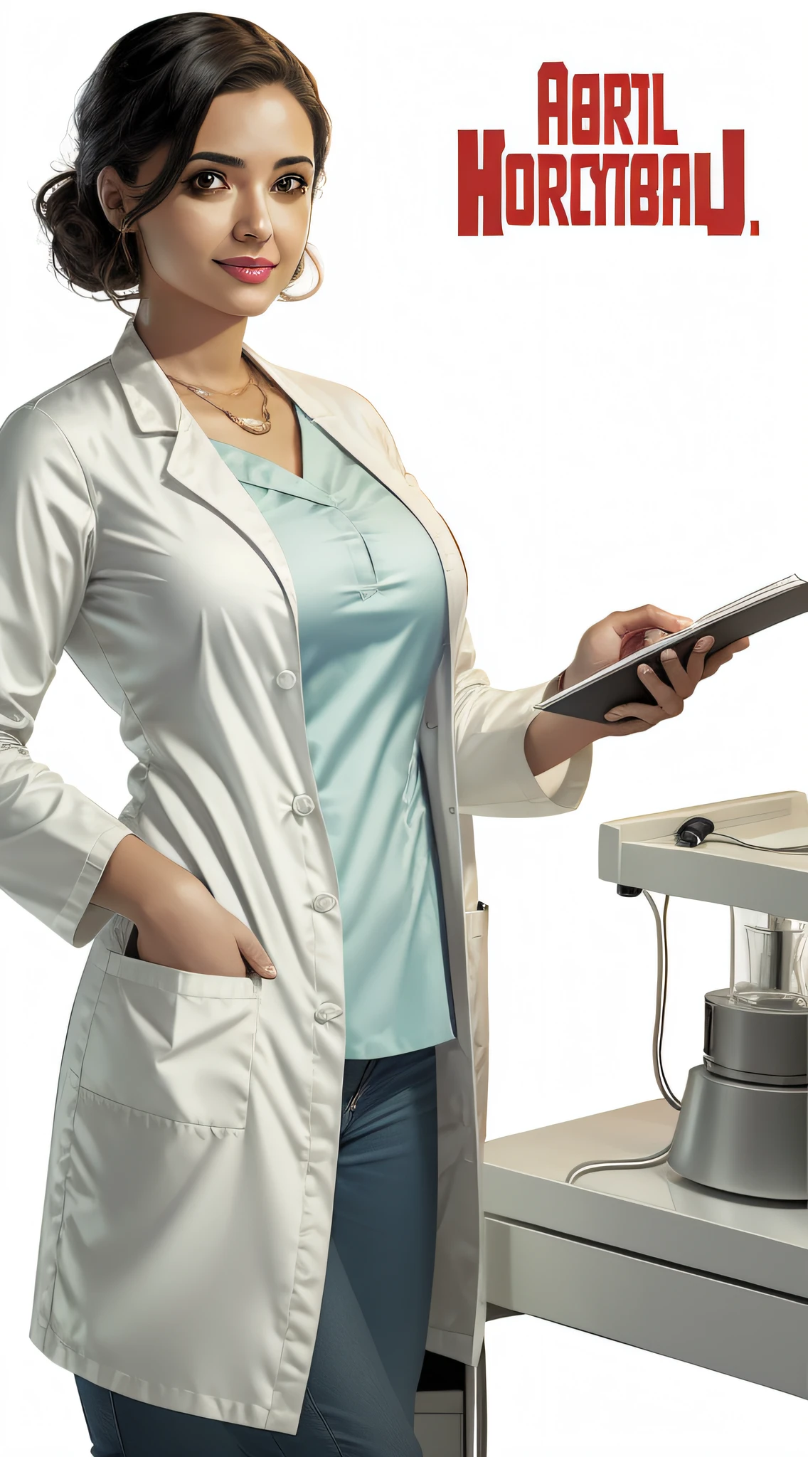 Comic book hospital director, woman, young age, latin woman, wearing lab coat, white background, illustration.