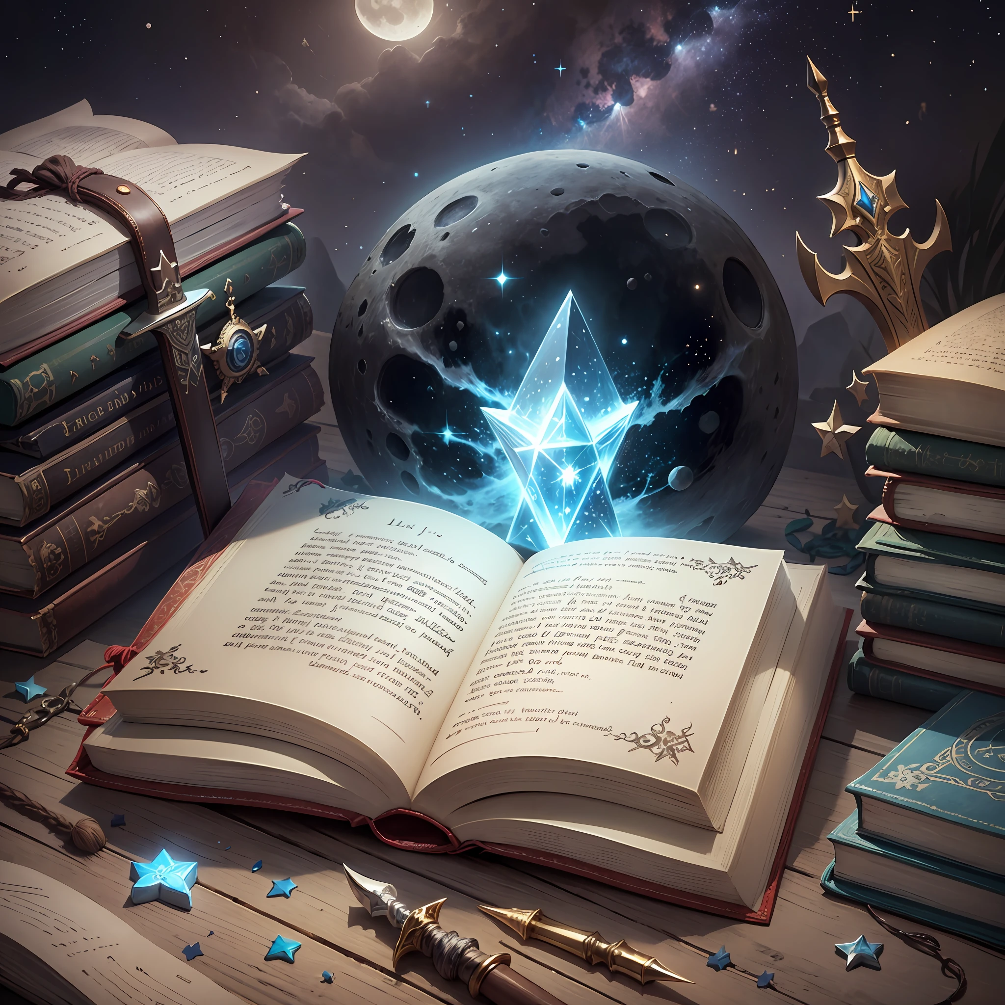a rock with a book, book with light, a sword and a shield, with symbols, the moon stars covered by darkness --auto --s2