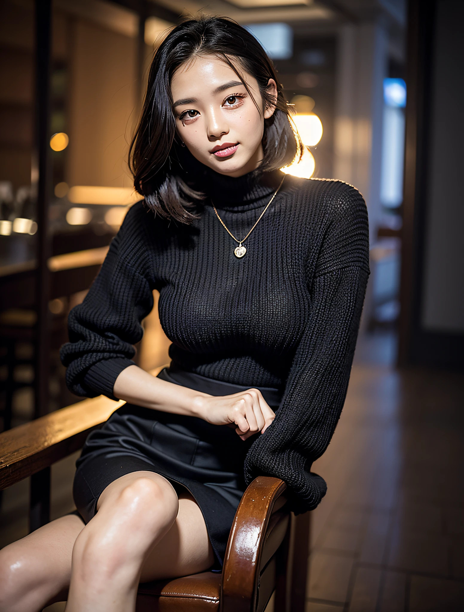 18 year old girl with perfect face and big breasts, right hand touching hair, cute clothes, slim and slender long hair physique. The skin has detailed and highly detailed eyes (1.1 emphasis), very detailed skin texture (1.1 emphasis). slender necklace, model photo style, photorealistic, skin texture is real human skin texture, detailed skin pores, intricate details, eyes very detailed, black knitted sweater: 2, white jumper skirt, from the knee up, attractive sexy chibi, smile, smile, street, standing: 2, loose wave hairstyle: 3, night
