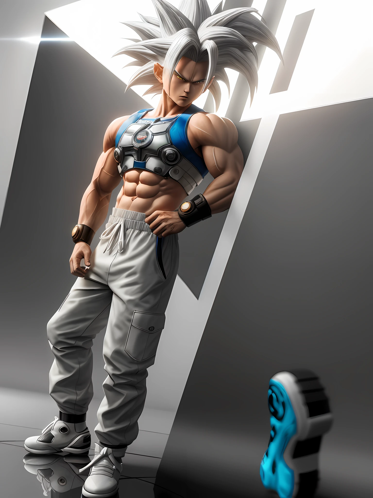 Trunks, super saiyan, exquisite hair, arm depiction, white hair , big blue armour on shoulders, exquisite shoes, eye depiction, exquisite long hair, popmart blind box, clay texture, stepping on the land, black and white background, natural lighting, most good quality, super detail, 3D art, c4d, OC renderer, 3D rendering, 8k, in a cyberpunk city, neon lights, puddles reflecting like mirror