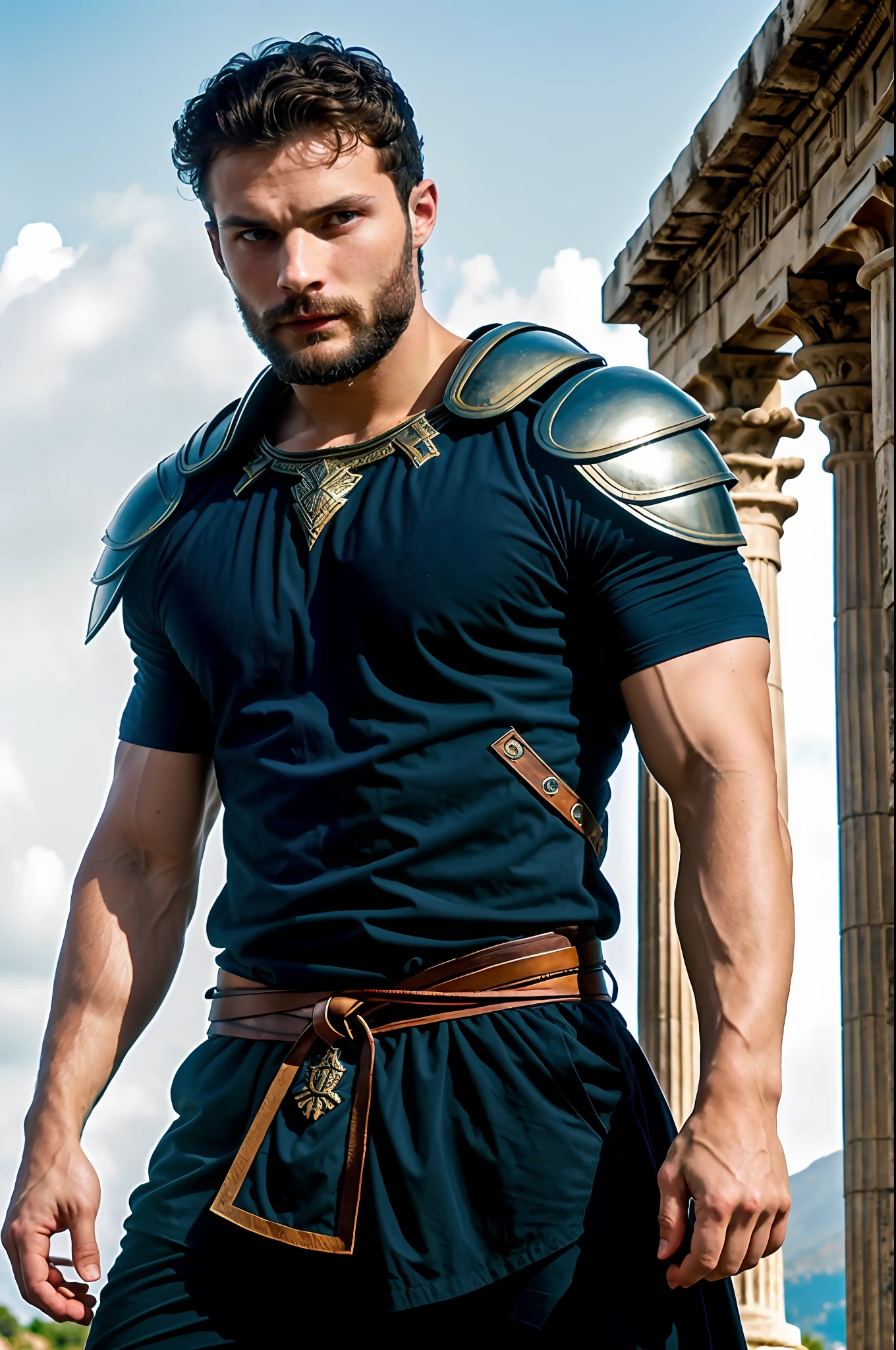 create God Zeus), with thunder eyes, strong and muscular, wearing armor and dark blue tunic, Jamie Dornan, (Moreno with model face), wearing dark beard, dark short hair, man similar to actor jamie dornan, (high quality and realistic image), Greek temple background, cinematic style, ((Best quality, 8k, Masterpiece).