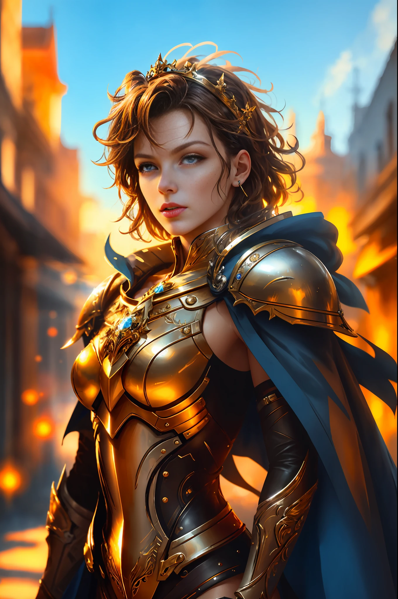 Close-up, a French female knight (Milla Jovovich, slender, young, short brown hair slightly curly, bright blue cape, amber pupils, full metal armor, wearing a small crown on her head, metallic texture, godly eyes, confident, freckles, cool style, heroic, light makeup, delicate facial features, tall figure, model standing) DBfantasyart, masterpiece, 1seventeengirl, 8K resolution film rendering, fashion, concept art, messy hair, Perfect Eyes, Detailed Eyes, High Quality Eyes, perfect_face, Shiny Skin: 1.2, Shiny Face: 1.2, Cinematic Light: 1.3, Soft Light, Silver: :0.8, High Detail ::1.3, Ultra High Quality::1.3, High Resolution, 16K Resolution, Ultra HD Pictures, Ultra Realistic, Clear Details, Realistic Details::1.3, Ultra High Definition, Clear Background (Medieval Street, Blue Sky)