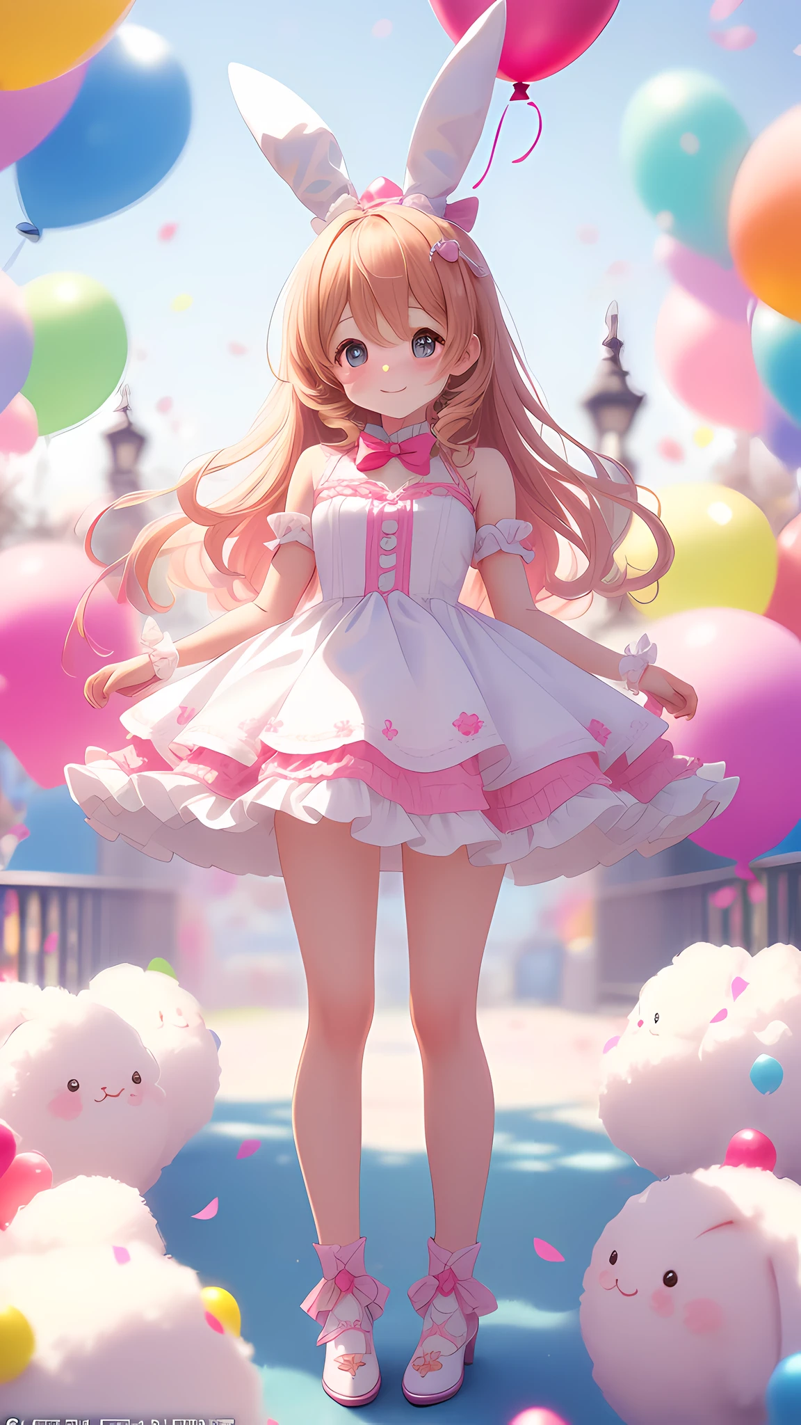 Bunny morphing cute girl, fluffy, soft ((best quality)), ((masterpiece)), ( extreme detail, highest detail, official art, beauty and aesthetics: 1.2), depth of field, composition, full body, (beautiful and detailed eyes: 1.3), (very happy: 1), colorful little balloon blur background