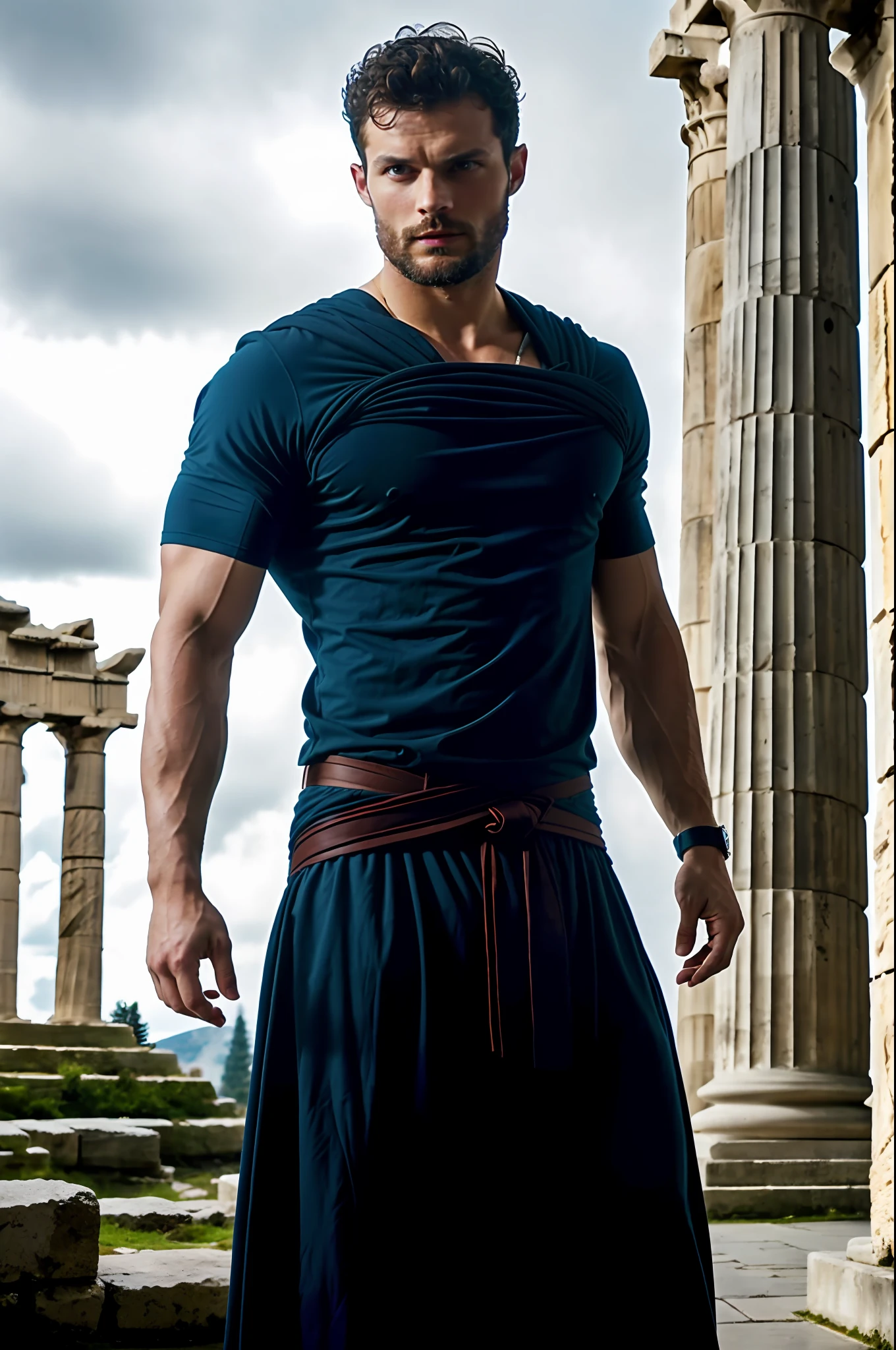 create God Zeus), with blue thunder eyes, wearing a God's tunic, strong and muscular, Jamie Dornan, (Moreno with model face), wearing dark beard, dark short hair, man similar to actor jamie dornan, (high quality and realistic image), Greek temple background, cinematic style, ((Best quality, 8k, Masterpiece).