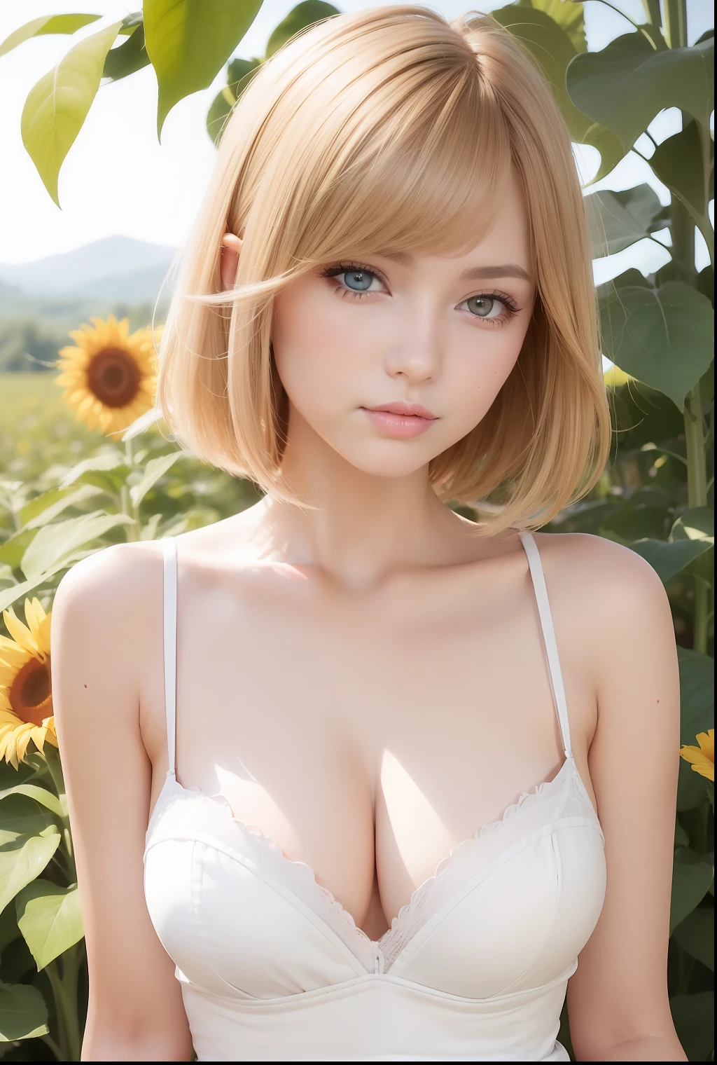 ((super fine illustration, 4k, Masterpiece :1.2, Sharp focus :1.2, 35mm lens:1.2, f/0.8, realistic beautiful 1girl :1.3)), sunlight, depth of field, ((medium breasts)), (bustier dress), (sunflower background:1.2), Highly detailed face and skin texture, from behind, Detailed eyes:1.1, Smiling, beautiful detailed makeup:1.1, high-fidelity bangs, blonde striped hair to brown , medium short hairstyle,