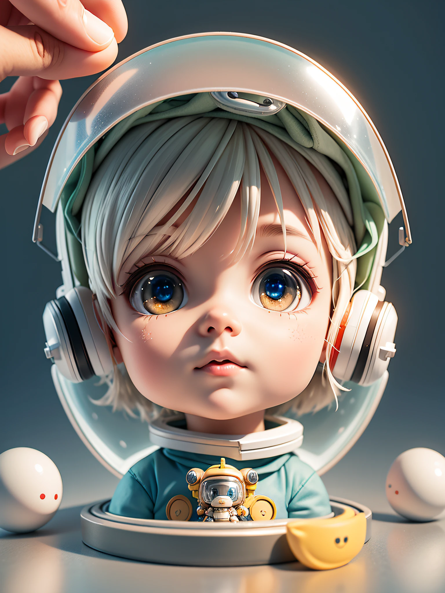 There is a little doll with helmet and helmet, cute 3d rendering, little astronaut looking up, portrait anime space cadet boy, cute 3d anime boy rendering, cute detailed digital art, male explorer mini cute boy, 3d rendering stylized, 3d rendered character art 8k, cute digital painting, anime style 3d, super detailed rendering
