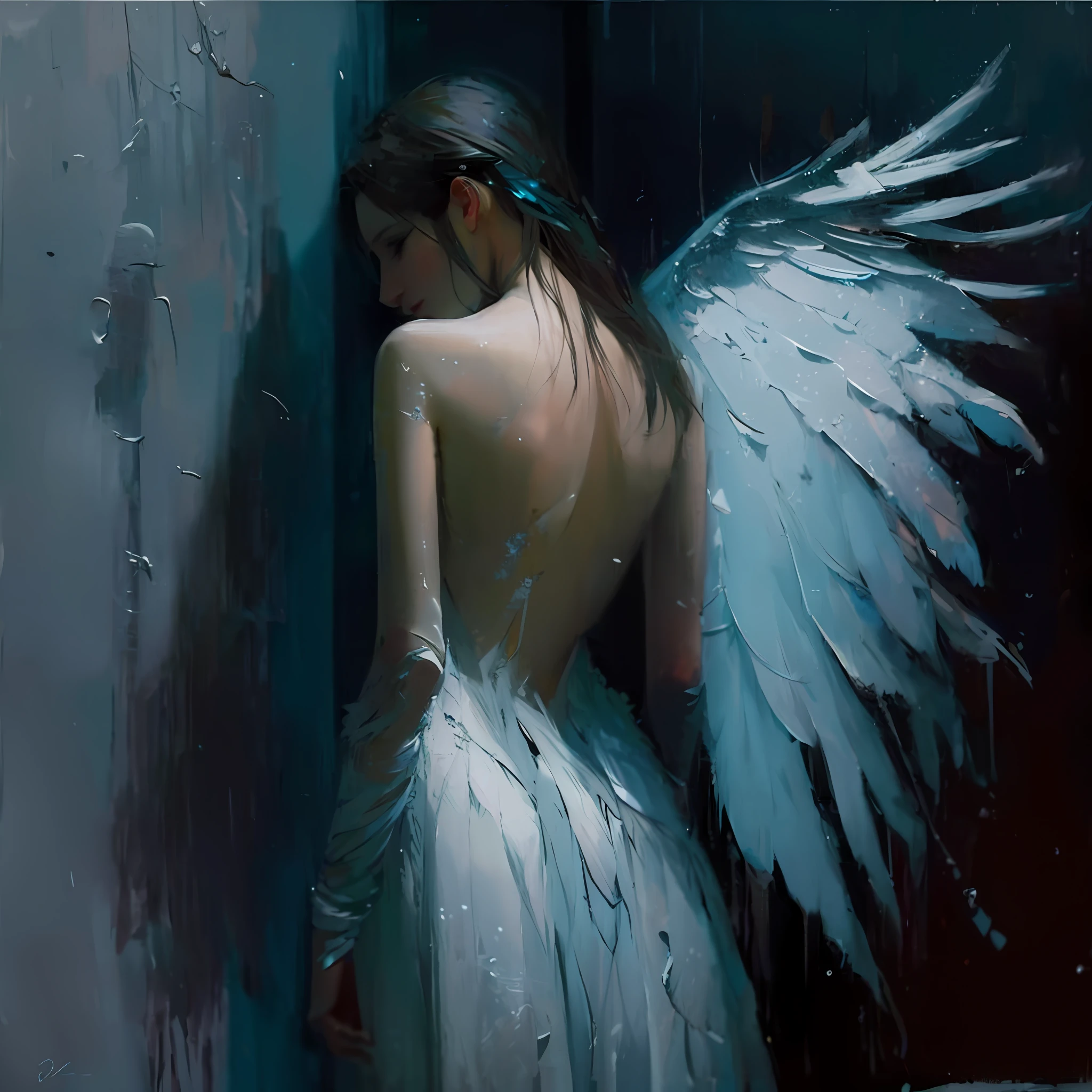 painting of a woman with white wings in a dark room, full of paintings of angels, angel, of beautiful angel, wadim kashin. ultra realistic, style of karol bak, inspired by Karol Bak, by Karol Bak, dragan bibin, girl with angel wings, ray swanland, of an beautiful angel girl