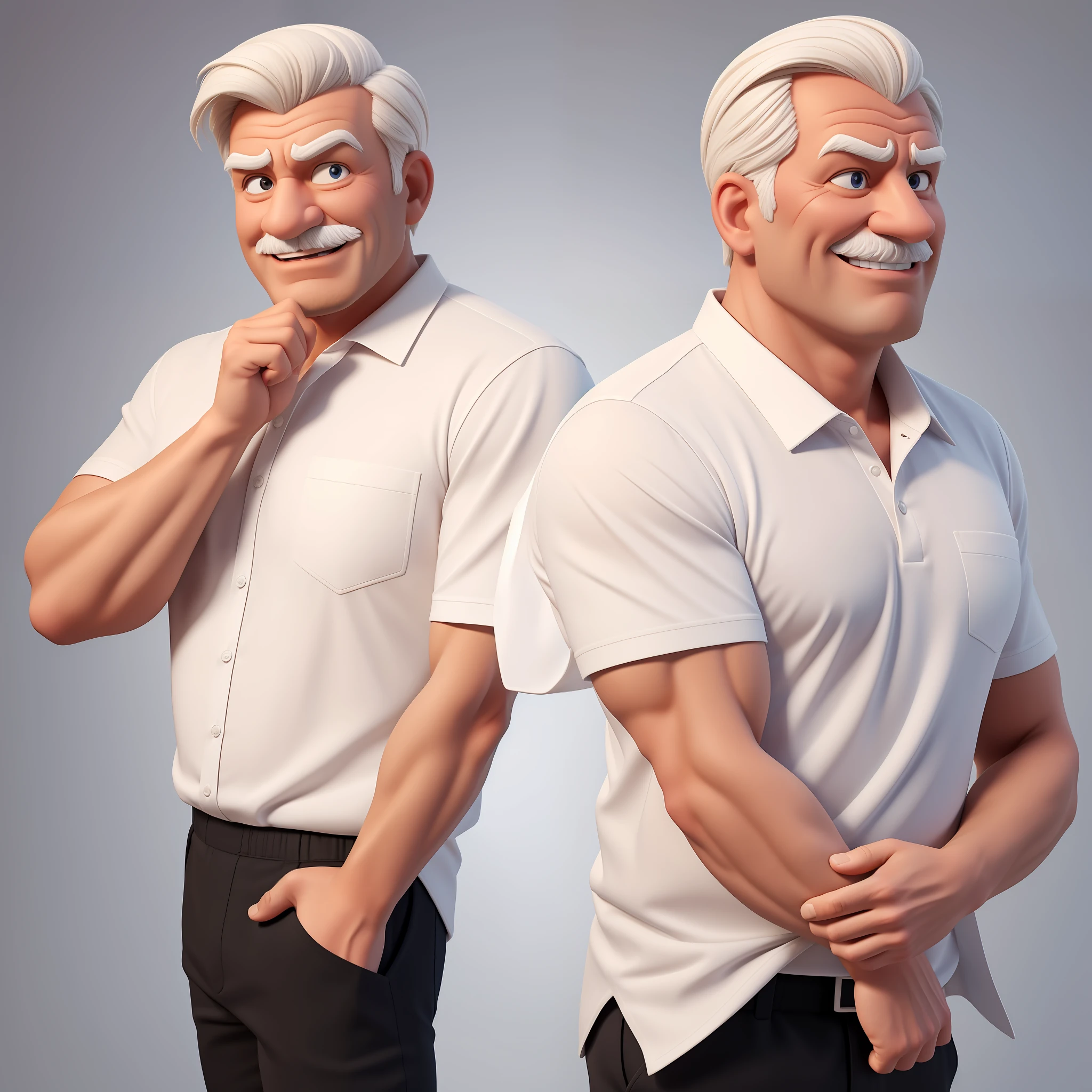 Create a 3d and 8K cartoon of a cheerful, full-body, well-muscled old man in a white shirt. Make sure the resulting image has a cartoonish look, with vibrant colors and smooth edges. Add details to give the old man a happy look, such as furrowed brows and a tight mouth. Make sure that the black shirt striped with white is an important element of the image, and add details to make it attractive and interesting. Add textures and details to make the image more realistic, such as the appearance of the shirt texture and the appearance of the skin. Make sure the resulting image is high resolution, 8K quality." —c 10 —ar 2