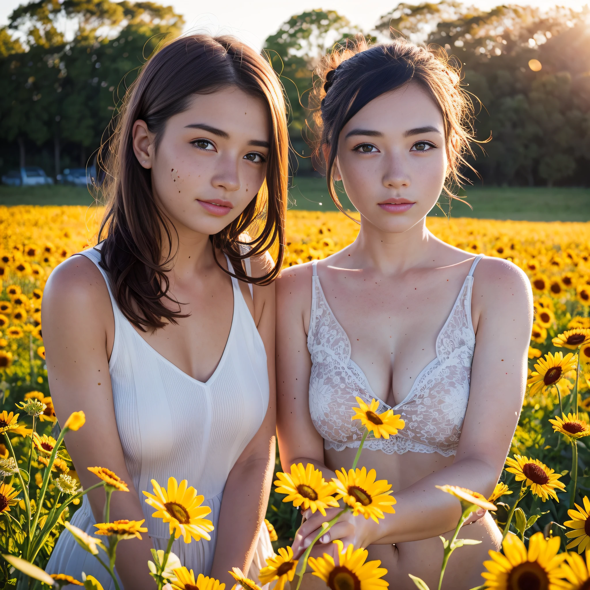 beautiful realistic woman with freckles and skindetails in flower field during golden hour, skin with beautiful nostalgic mood and freckles with emotive face with wet skin and petals falling