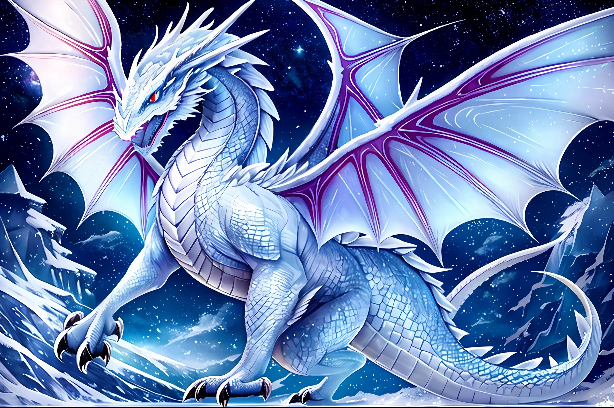 Ice Covered Dragon Ice Wing Legs Quadruped Moonlit Night Starry Sky Tall Bill Tail Fin Roar Flight Water Pattern Wings Double Horn
