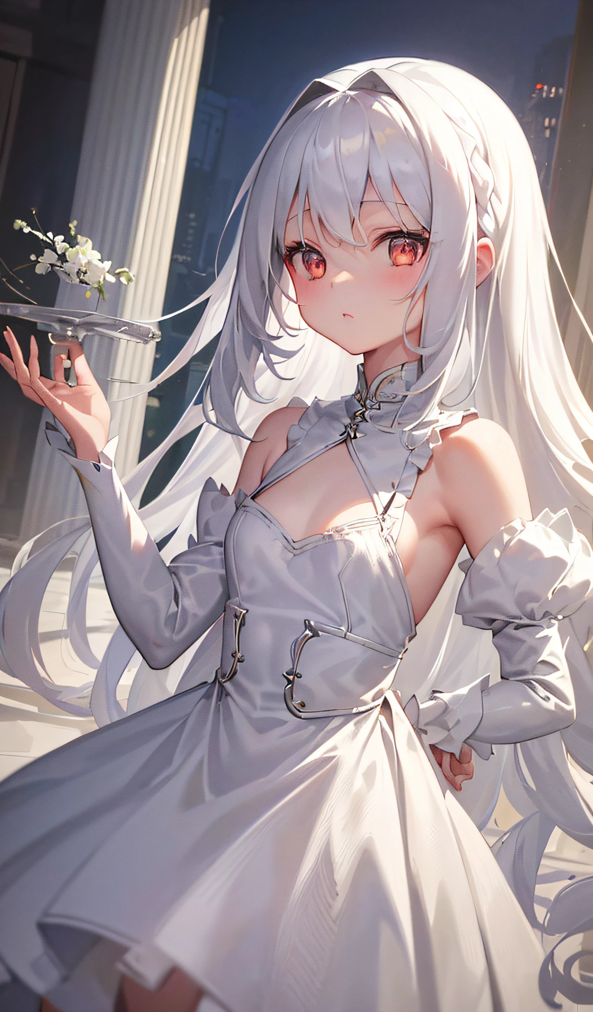 "((1 girl), (long white hair + silver hair: 1.2), ( + beautiful clothes), beautiful to perfection, white dress, pixiv goddess, seduction), (dynamic pose on table), (cute), (unknown background), high resolution."