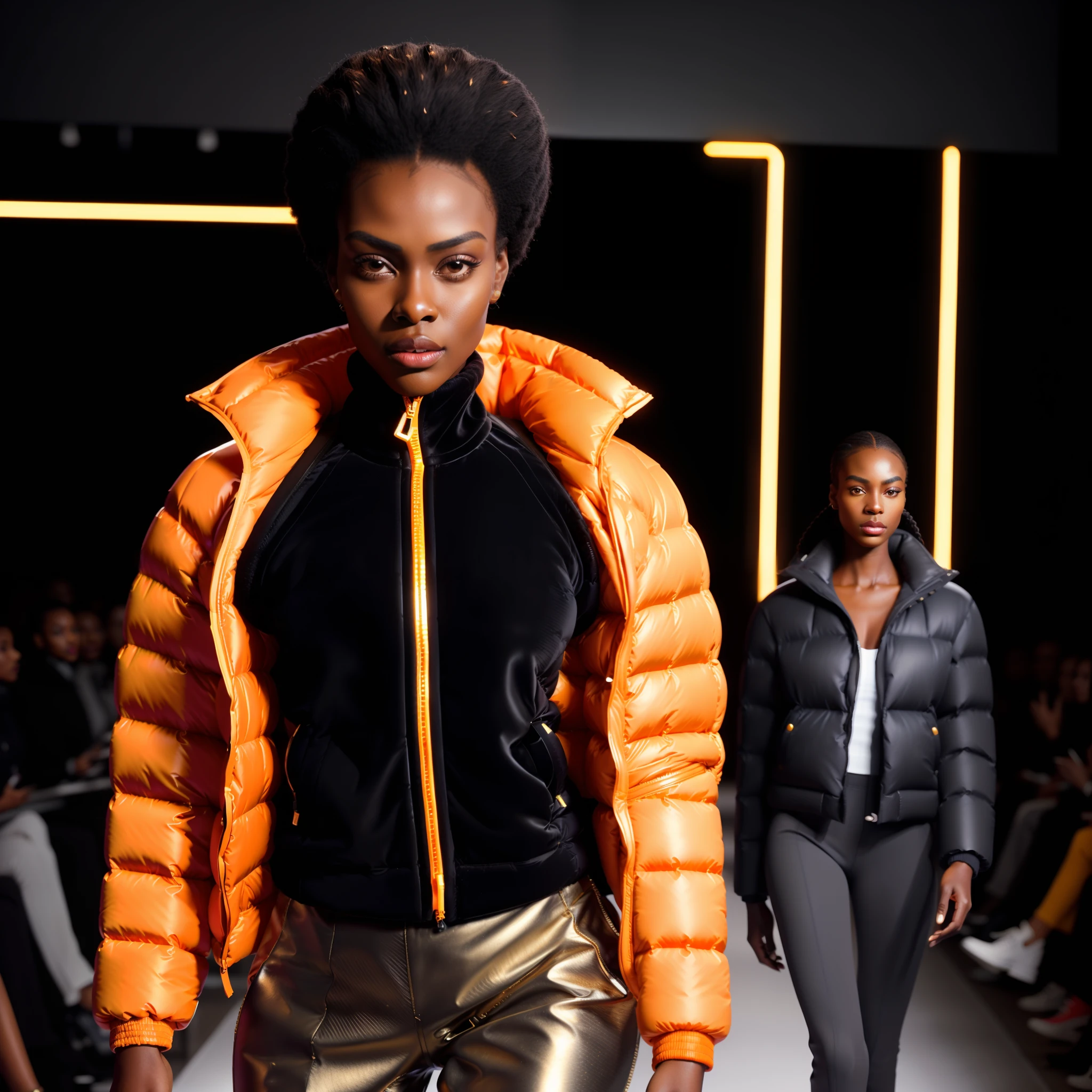 ((( an ultra realistic woman, black skin, parading confidently on the catwalk))) with perfect Kenyan African facial features, short afro hair, braided, ultra detailed in hd, with nice expression, wearing (((Balenciaga puffer style jacket oversized:1.5 gold ultra definition))) pants, turtleneck shirt,a, (((orange jacket, vivid color, neon, reflective))), parading on catwalk, towards the camera, (bring high fashion show atmosphere, perfect audience, ultra realistic) diagonal angle capture, high fashion show, best quality, top quality, image masterpiece, high resolution photography.