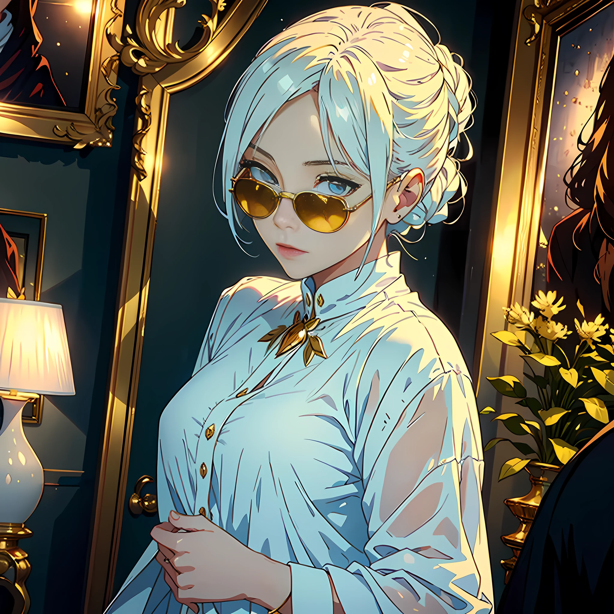 /imagine prompt: Masterpiece, best quality, 1 woman, dressed in white, with golden frames, her eyes invisible under reflective lenses