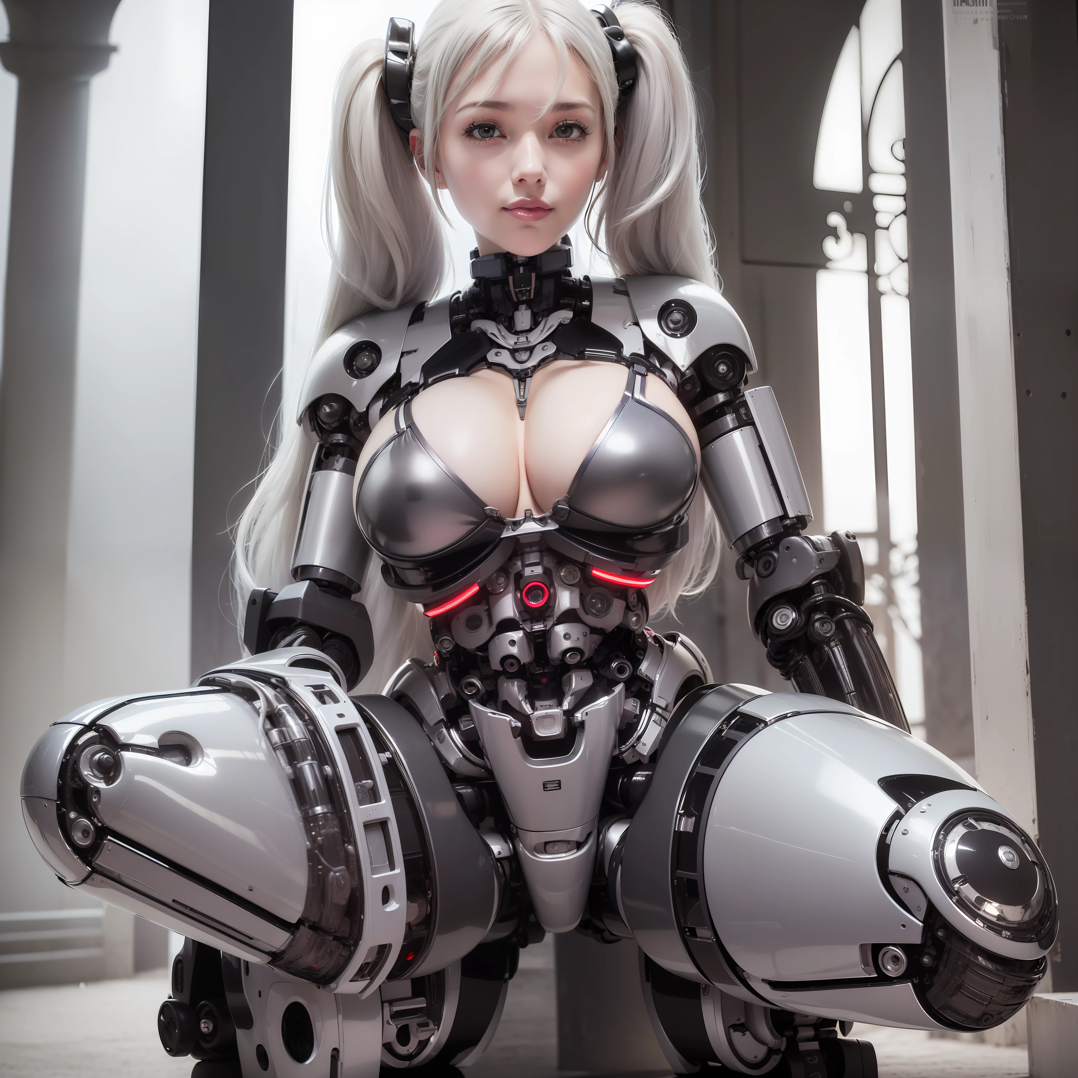 Beautiful Face,1 Woman, Curvaceous, Top Quality, Masterpiece, Ultra Detailed, ((((Bikini Cyborg Robot Parts)))), (Light Grey Hair), Long Hair, Wavy Hair, Twin Tails, Medium Shot, (((Seductive Smile)), (Black Eyes), Princess Cut, (Cowboy Shot),Squatting,Spread Your Legs,HR Giger,