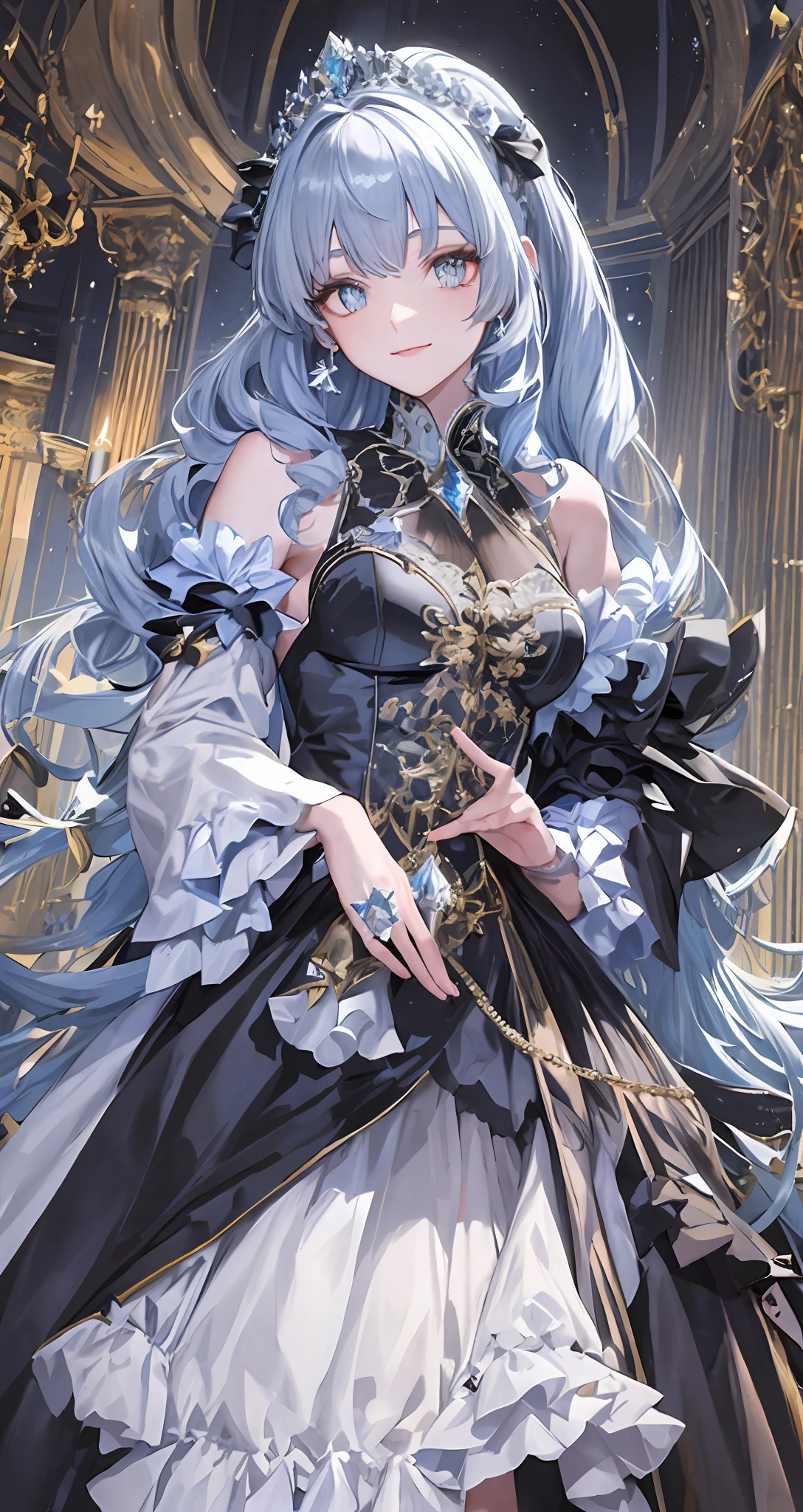 Dramatic composition, court-style dresses, royal, gorgeous, cascading frills, ruffles, bows, crystal chandeliers, Roman curly hairstyles, ponet, double ponytails like drills, look at the camera, bangs, maximalism, palatial background, delicate portrayal of hair and eyes, princess dresses, gorgeous skirts, flowers in hand, smiles, starry eyes, cinematic light, extreme detail, high definition, happy girl, very long hair, diamonds, broken diamonds, crystal fragments, light particles