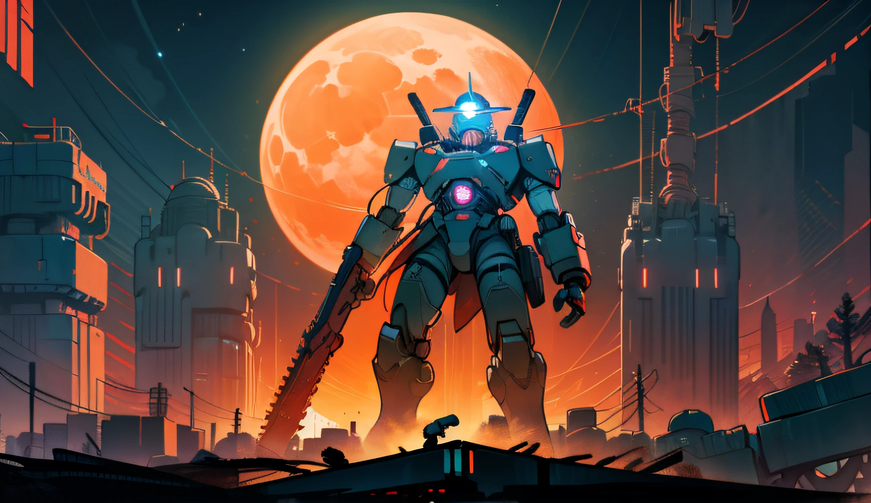 On the moon, barren planet, ruins, holding weapons, no humans, glowing, robot, building, glowing eyes, orange mech, science fiction, city, reality, mecha, galaxy background, full body, neon, cyber Punk, 8K wallpapers, ultra-detailed artwork, cinematic lighting, realistic photos, Dark_Fantasy, Cyberpunk, (chain saw, chain saw man, Red: 1.1), 1man, Mechanical marvel, Robotic presence, Cybernetic guardian, wearing a worn-out machine armor suit, intricate, (steel metal [rust]), elegant, sharp focus, photographed by greg rutkowski, soft lighting, vibrant colors, masterpiece, ((street)), cowboy shot, dynamic pose,