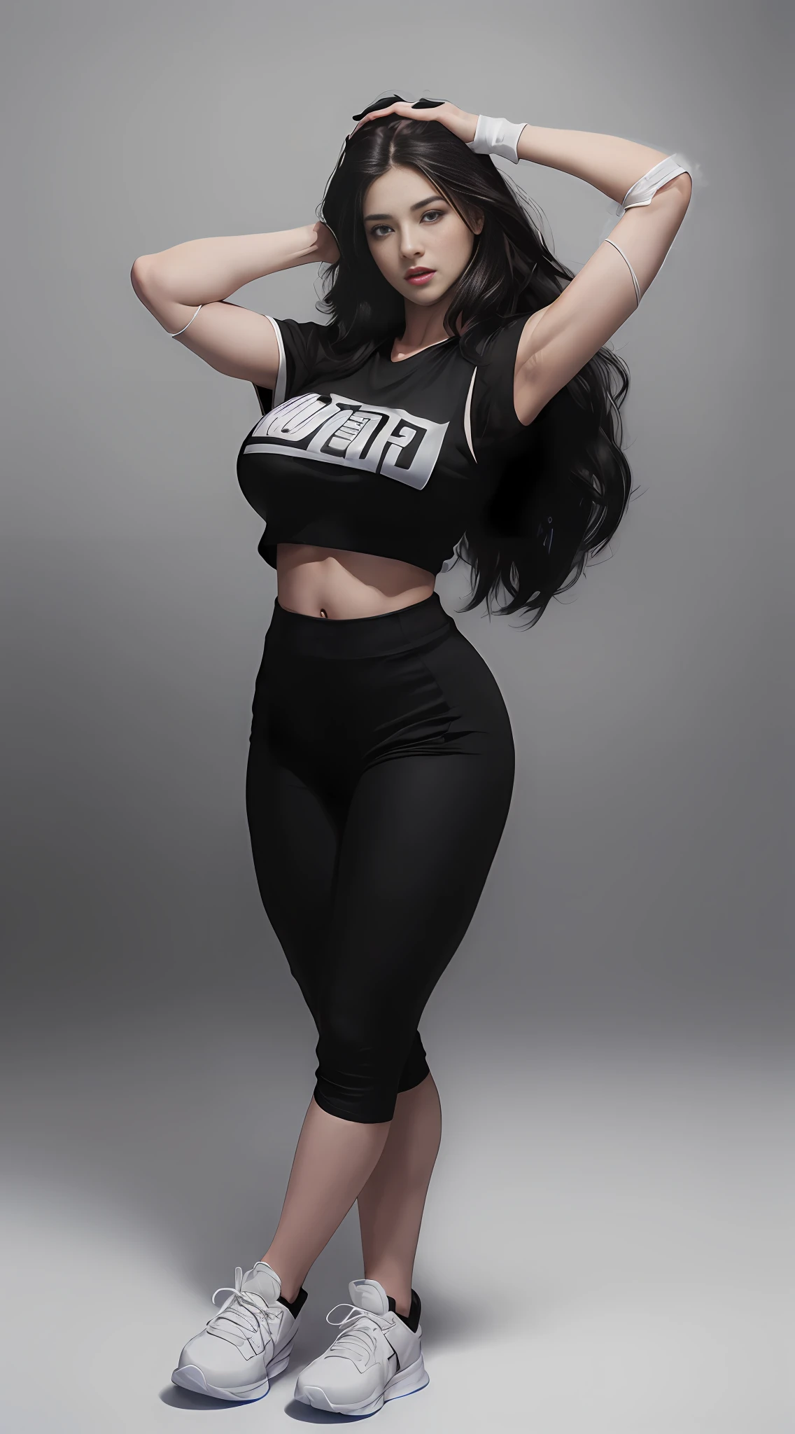 (Best Quality, 8k, 32k, Masterpiece, UHD:1.3), (Photo of Attractive IRELIA from League of Legends), 1 Girl, ((Big Boobs:1.4)), (long wavy hair), Abs, Perfect Body, Ultra Detailed Face, Detailed Lips, Fine Eyes, double eyelids,, ((, beautiful asian girl, gorgeous chinese model, jaw-dropping beauty,((black training pants )),((black grafik t-shirt crop top )),((black Arm Sleeves),((black basketball shoes)) ,simple all white background.