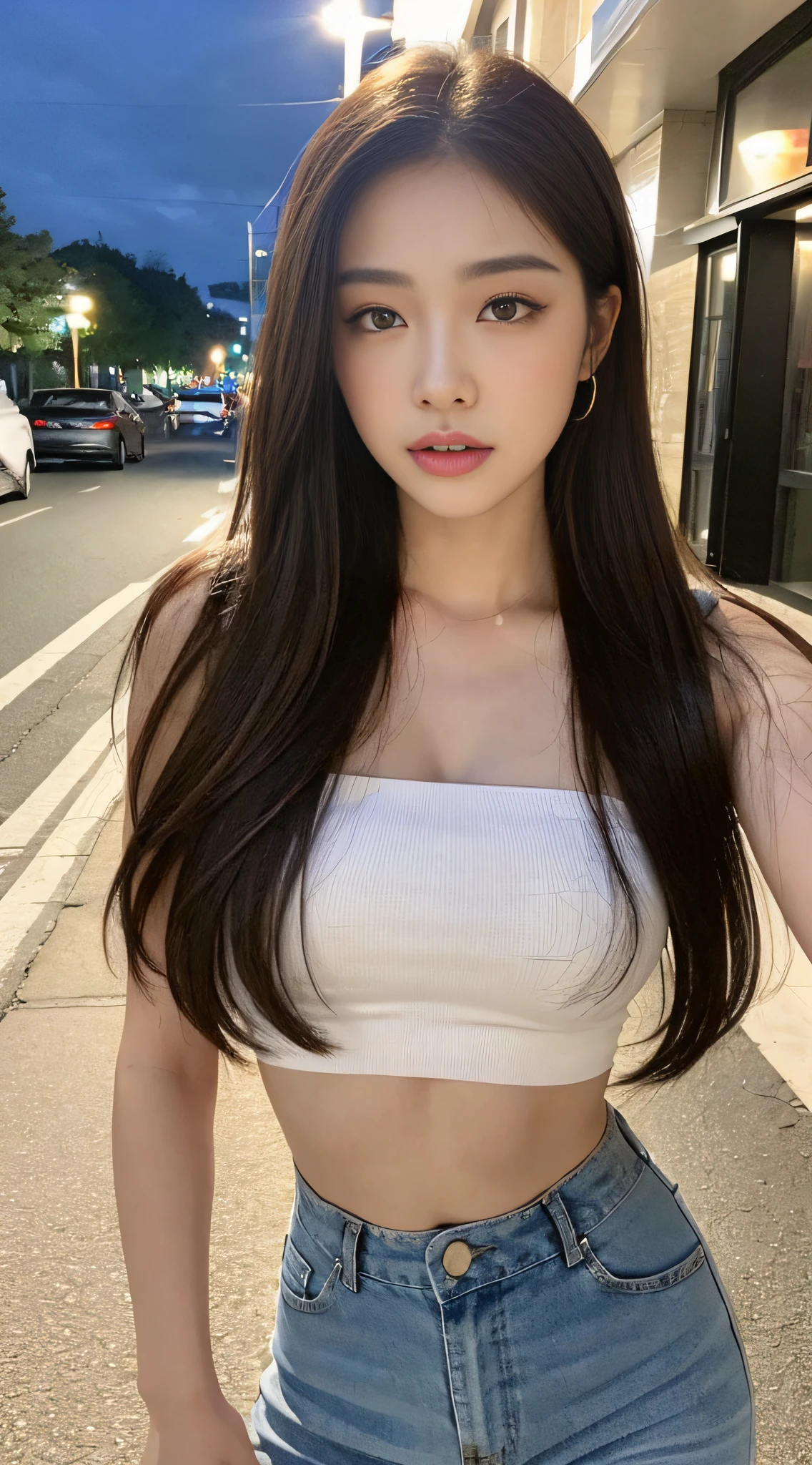 ((Realistic lighting, Best quality, 8K, Masterpiece: 1.3)), Clear focus: 1.2, 1girl, Perfect beauty: 1.4, Big breasts: 1.2, Slim abs: 1.1, ((dark brown hair)), (White crop top: 1.4), (Outdoor, night: 1.1), City streets, Super fine face, fine eyes, Double eyelids,