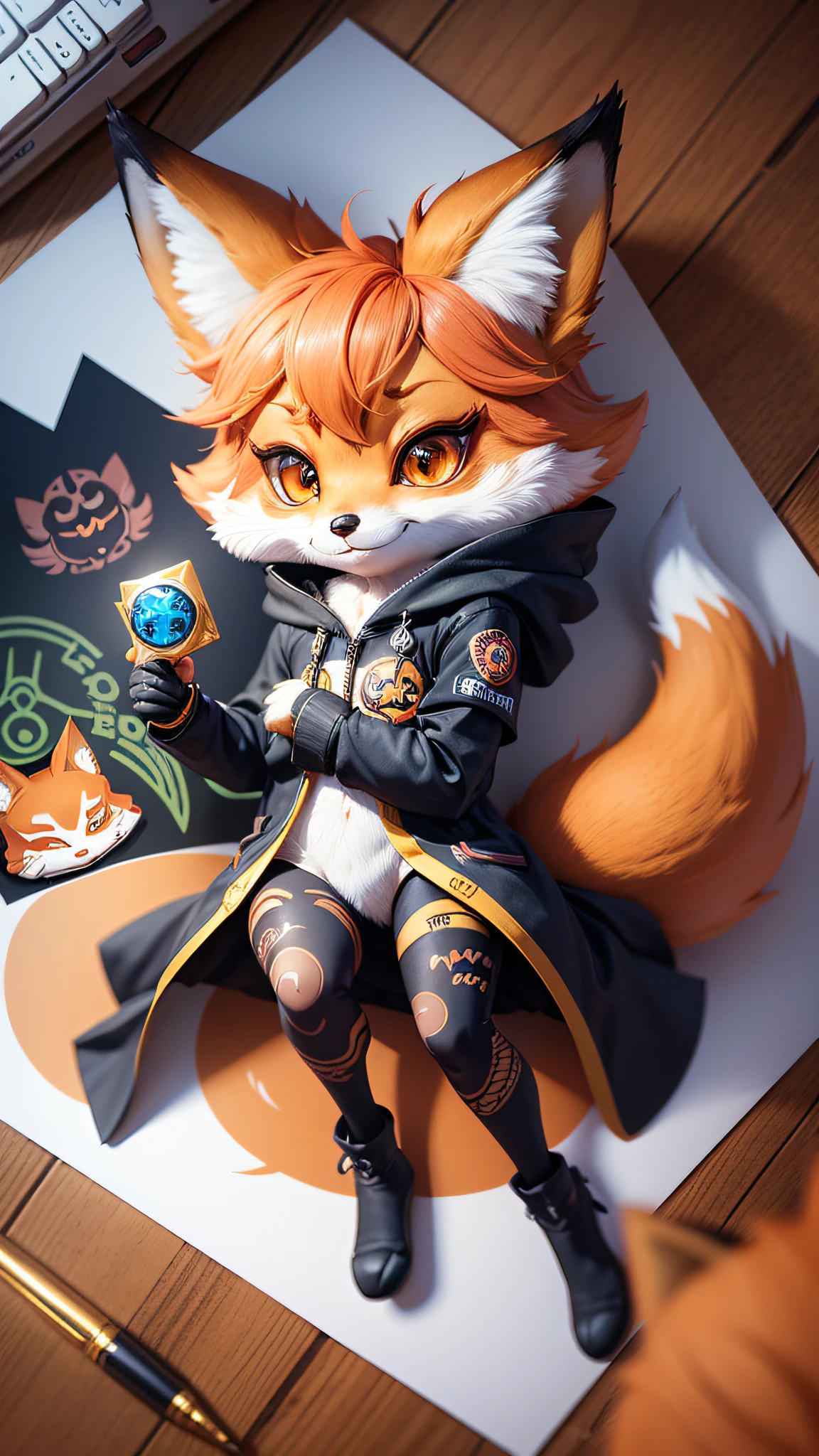 a close up of a sticker of a fox with a big eyes, cute fox, fox animal, sticker illustration, anthropomorphic fox, digital fox, fox from league of legends chibi, an anthropomorphic fox, stylised fox - like appearance, fox ears illustration, fantasy sticker illustration, mascot illustration, tonic the fox, telegram sticker design, sticker design --auto --s2