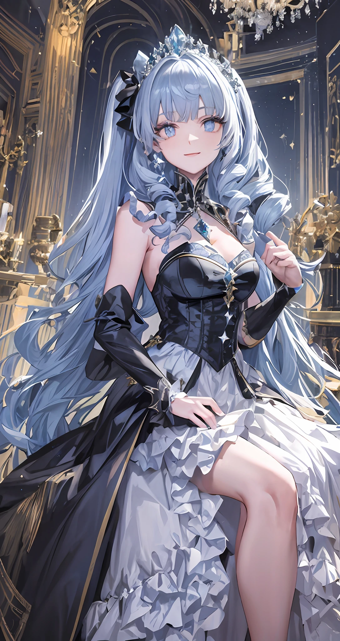 Dramatic composition, court-style dresses, royal, gorgeous, cascading frills, ruffles, bows, crystal chandeliers, Roman curly hairstyles, ponet, double ponytails like drills, look at the camera, bangs, maximalism, palatial background, delicate portrayal of hair and eyes, princess dresses, gorgeous skirts, flowers in hand, smiles, starry eyes, cinematic light, extreme detail, high definition, happy girl, very long hair, diamonds, broken diamonds, crystal fragments, light particles