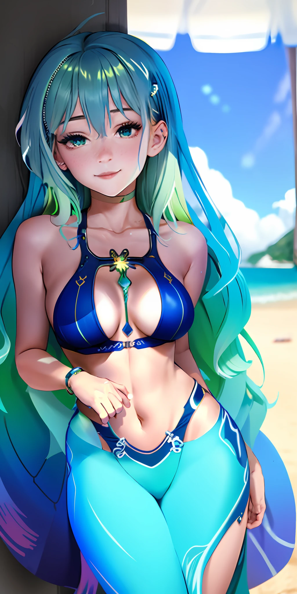 1girl, green hair with blue lock, multicolored hair, bikini, beach scenery, side lighting, light particles, wallpaper,