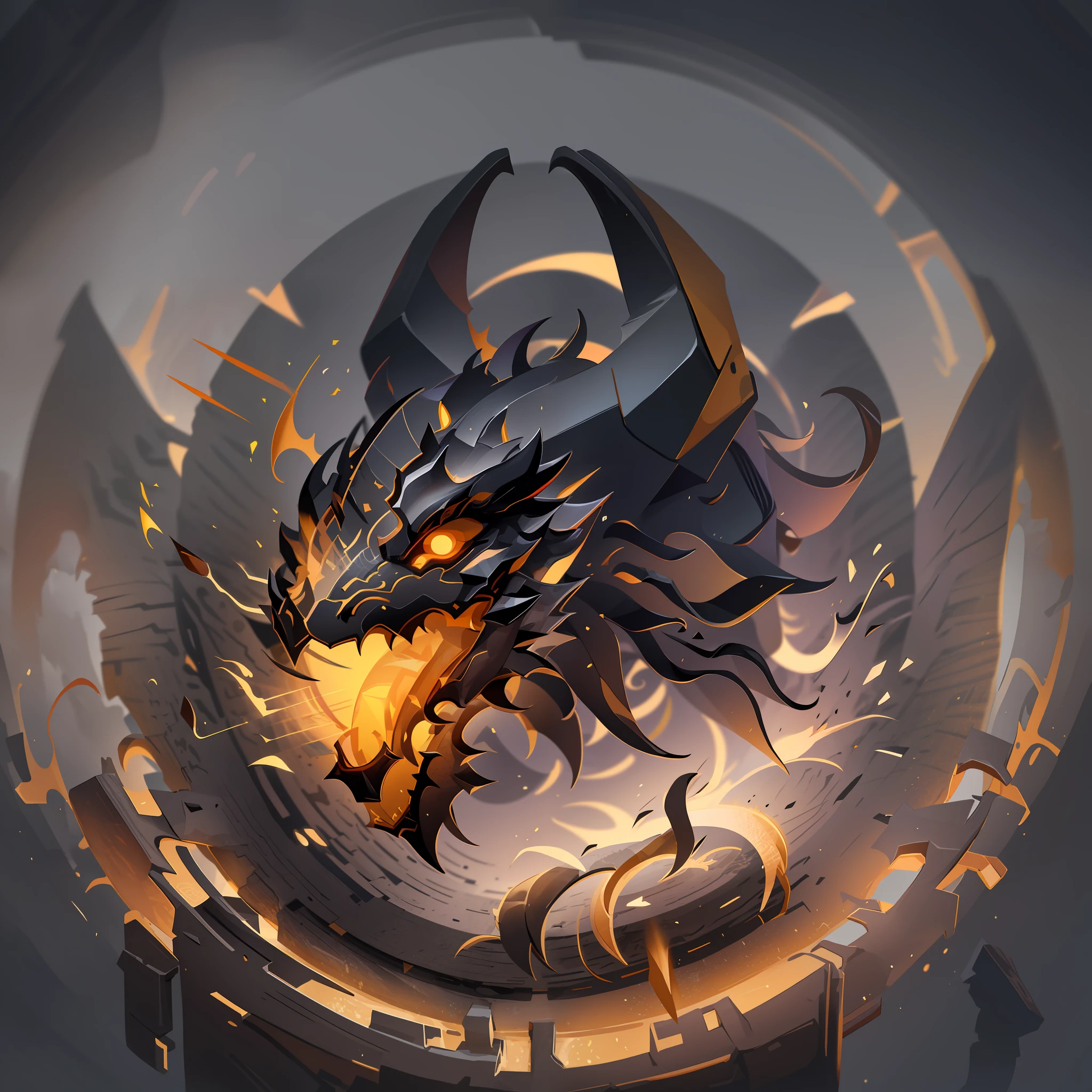 A vector of a dragon's head with two horns, isometric view, simple, beautiful, sharp outline, black and yellow palette, placed inside a circle with a black outline.