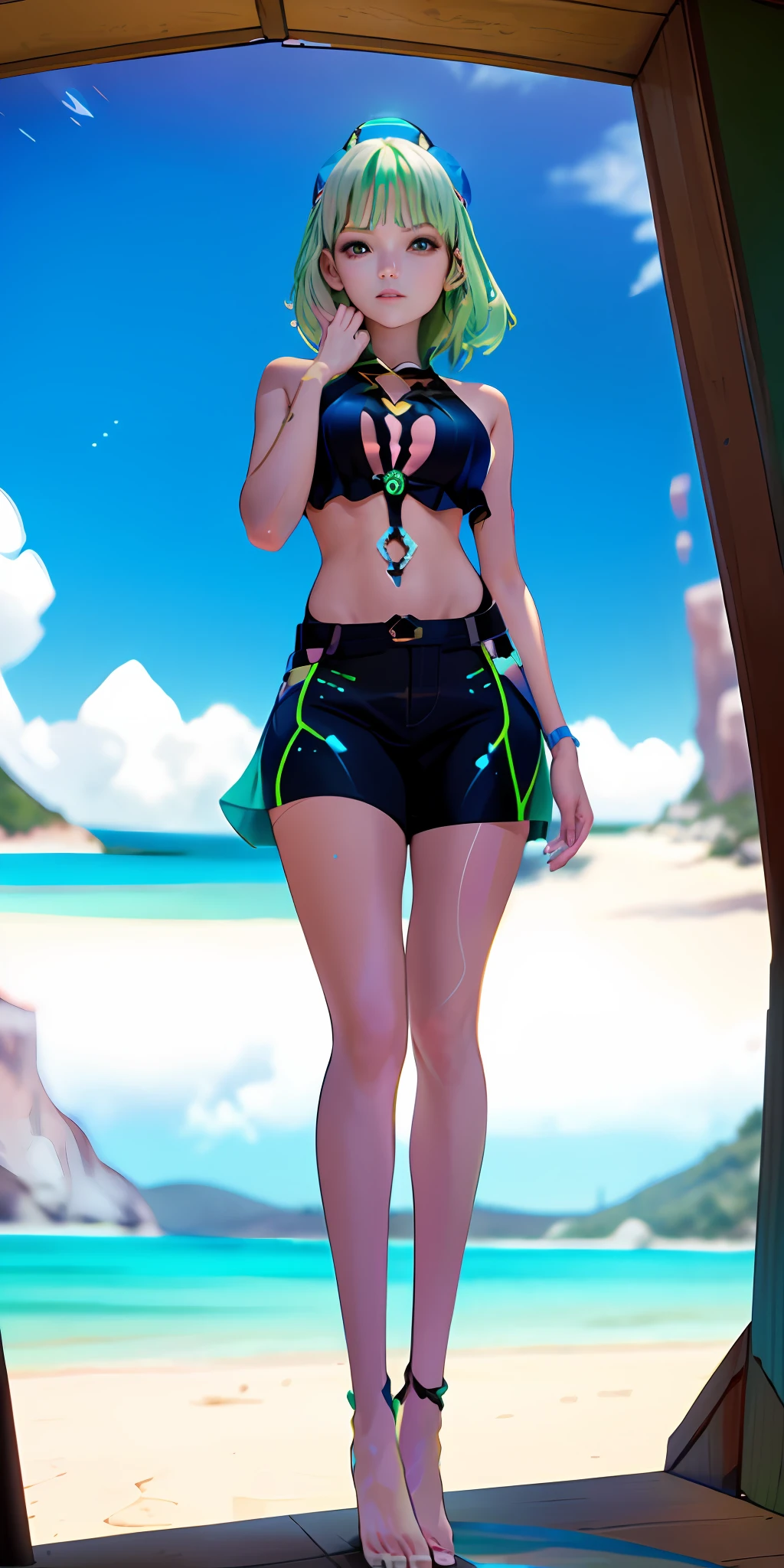 1girl, green hair with blue lock, multicolored hair, bikini, beach scenery, side lighting, light particles, wallpaper,