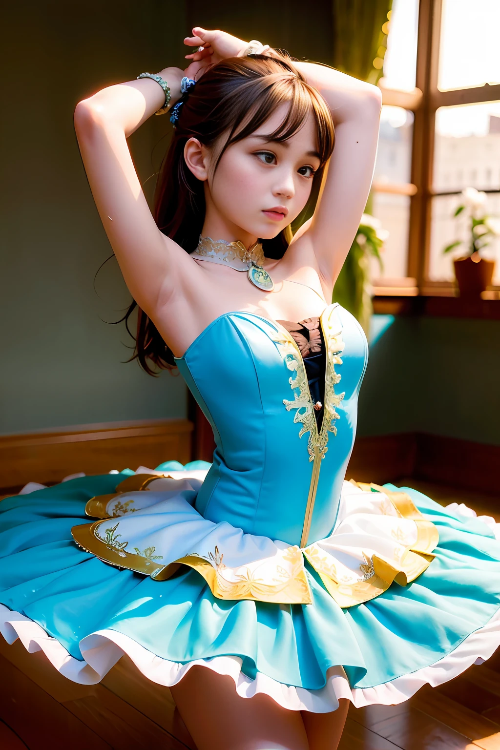(best quality, 8k, 32k, masterpiece, uhd:1.2), (RAW photo), (realistic:1.15), (photorealistic:1.15), (absurdres, high resolution), (ultra detailed), (huge filesize:1.2), 1girl, (loli:0.5), cute, extremely detailed beautiful face & eyes, cleavage, small face, thin waist, thin thighs, slender body, (cowboy shot:1.15), (sweaty:1.22), bare legs, classical tutu, turquoise tutu, (princess tiara:0.8), Primaballerina_tutu, russian, classical ballet tutu, rooftop, sunset, (arms up:1.2)