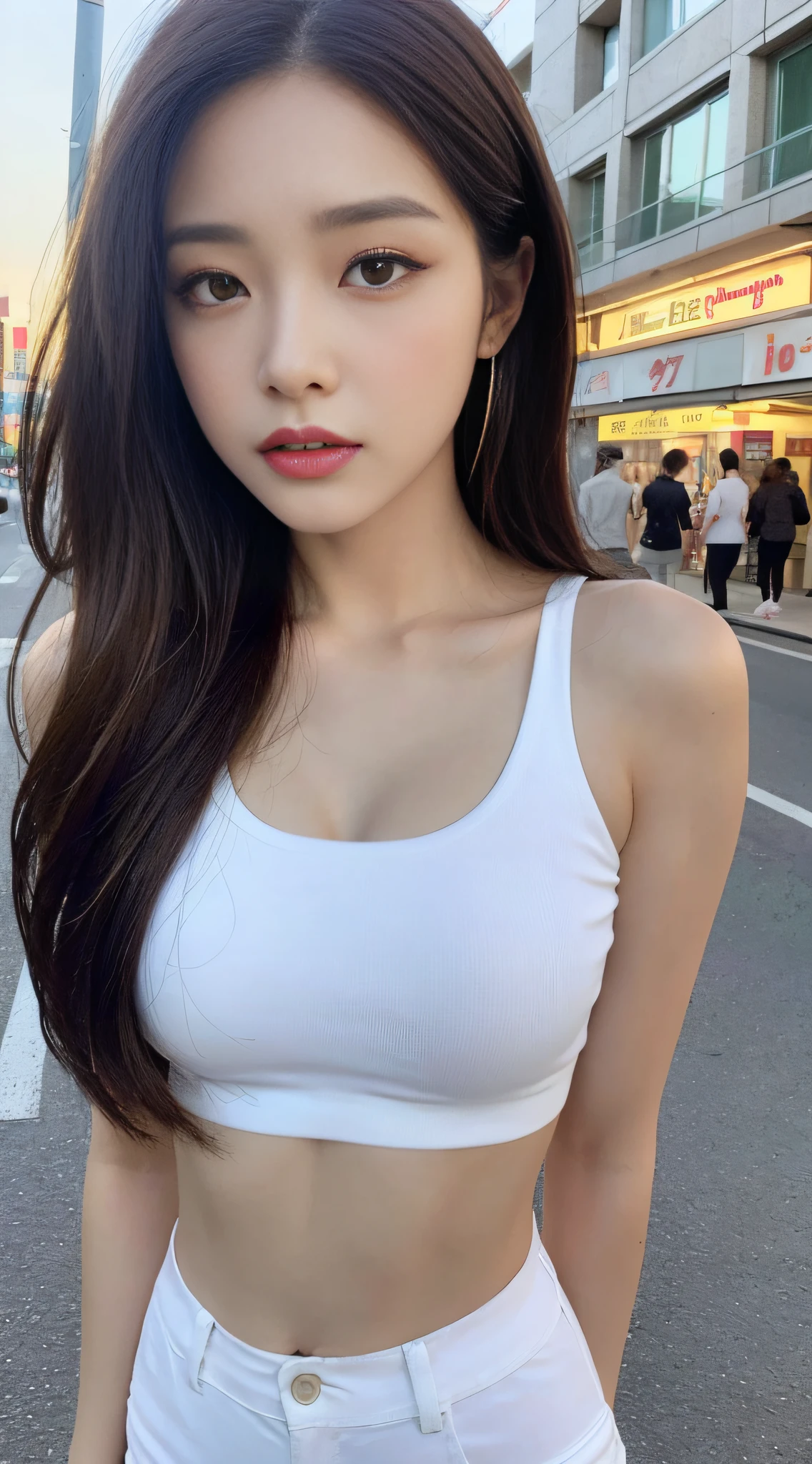 ((Realistic lighting, Best quality, 8K, Masterpiece: 1.3)), Clear focus: 1.2, 1girl, Perfect beauty: 1.4, Big breasts: 1.2, Slim abs: 1.1, ((dark brown hair)), (White crop top: 1.4), (Outdoor, night: 1.1), City streets, Super fine face, fine eyes, Double eyelids,