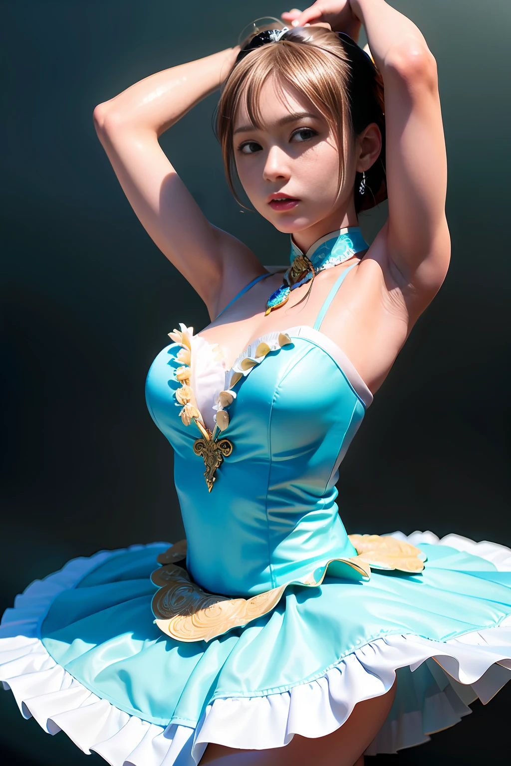 (best quality, 8k, 32k, masterpiece, uhd:1.2), (RAW photo), (realistic:1.15), (photorealistic:1.15), (absurdres, high resolution), (ultra detailed), (huge filesize:1.2), 1girl, (loli:0.5), cute, extremely detailed beautiful face & eyes, cleavage, small face, thin waist, thin thighs, slender body, (cowboy shot:1.15), (sweaty:1.22), bare legs, classical tutu, turquoise tutu, (princess tiara:0.8), Primaballerina_tutu, russian, classical ballet tutu, rooftop, sunset, (arms up:1.2)