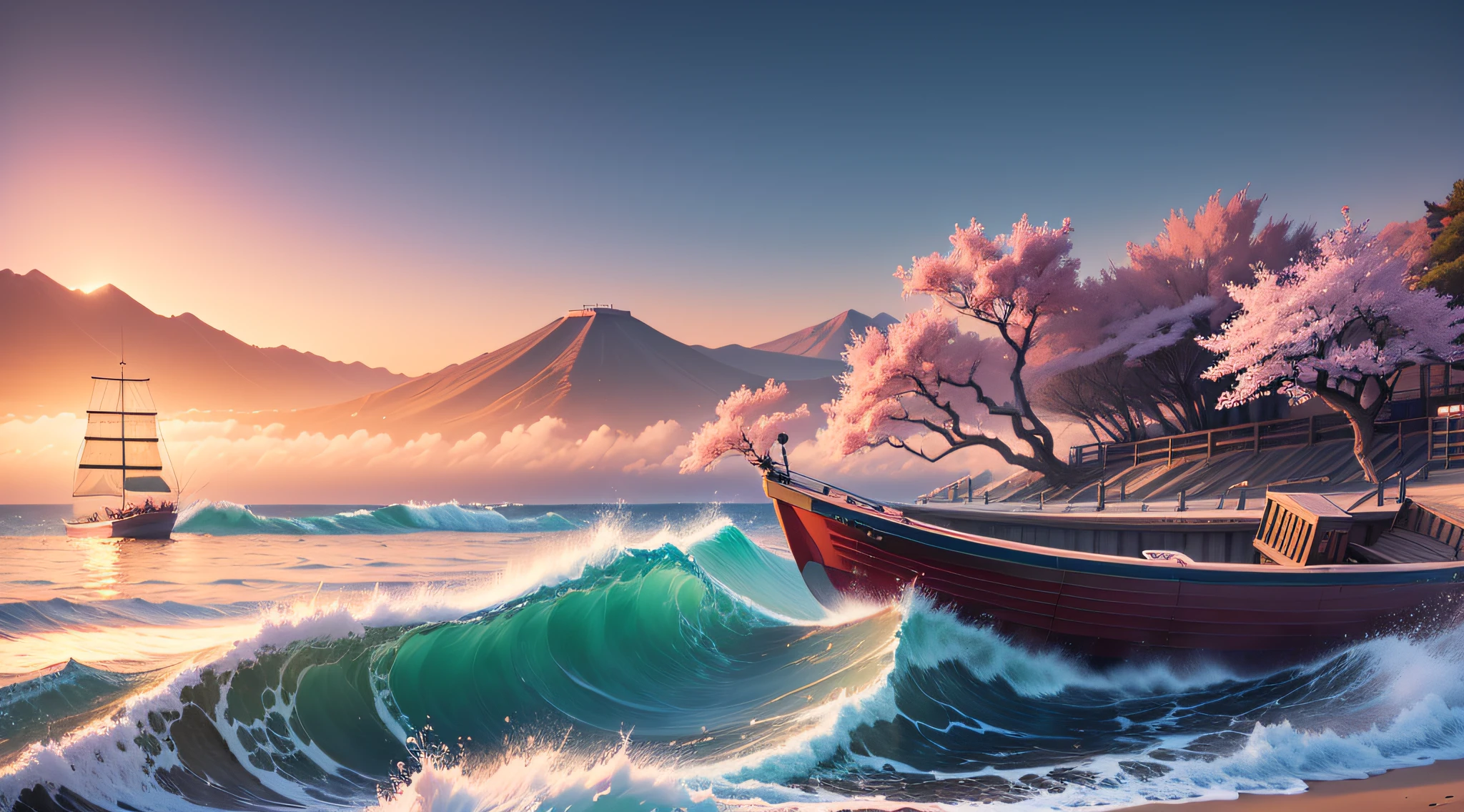 (digital painting), (best quality), Japanese beach, cherry blossoms in full bloom, sea with waves, fishing boat, Ukiyo-e art style, Hokusai inspiration, popular Deviant Art, ultra-realistic 8k, pastel color scheme, soft lighting, golden hour, landscape orientation --auto --s2