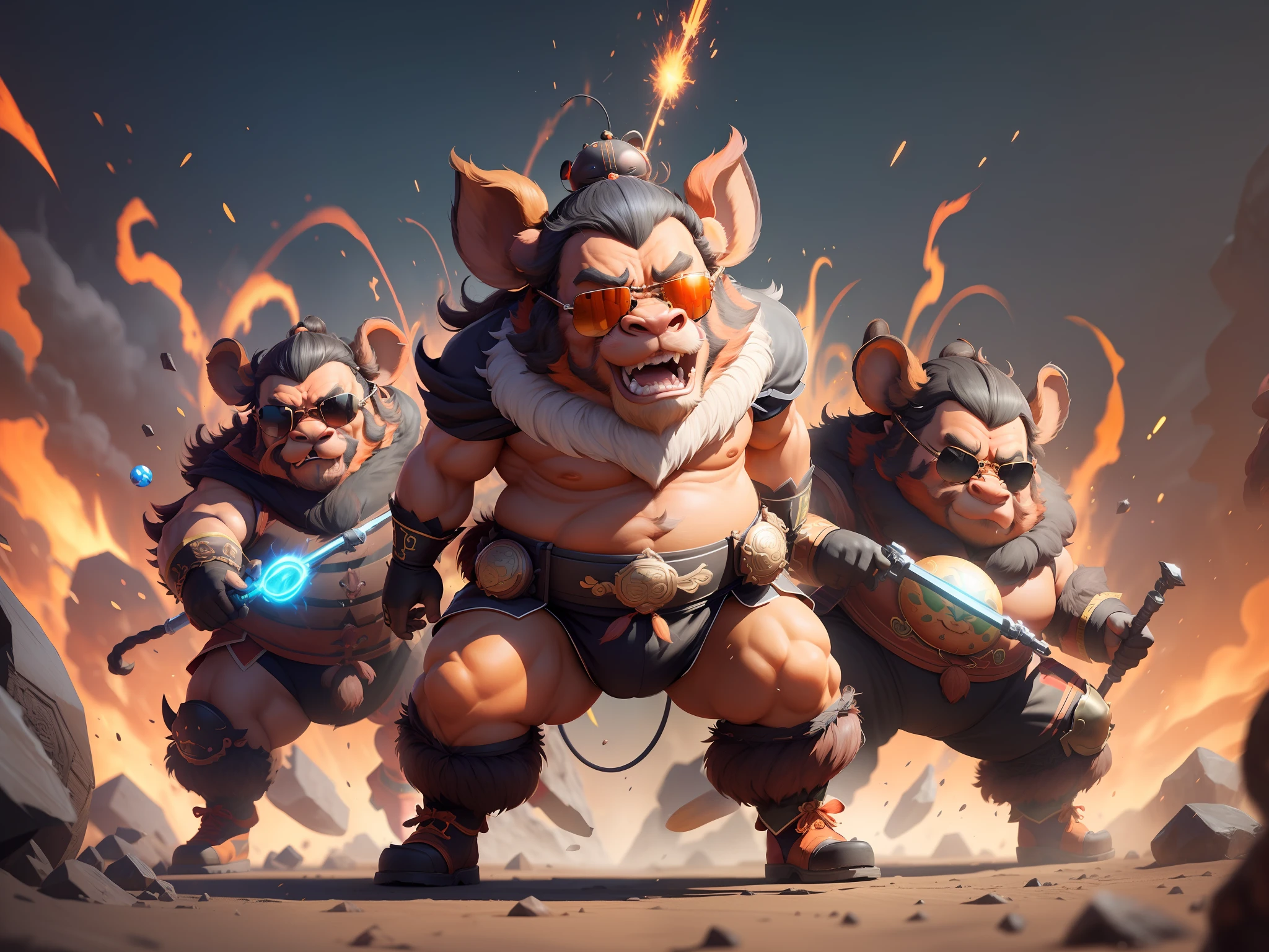 Triple View, full body shot, game character design, BYXIAOFEIYUE, (((Zhu Bajie))), 3D CG, Zhu Bajie, dark series, ferocious burst, sunglasses, orange background, multi-angle display, head-up perspective-ar expressiveness