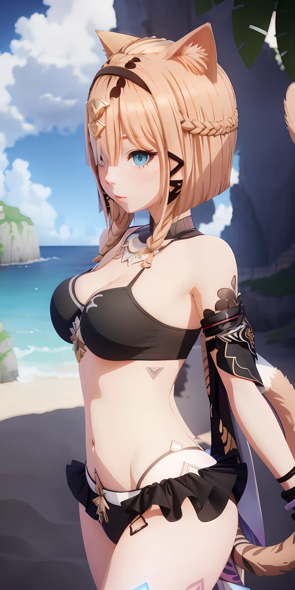 1girl, light blonde hair, multicolored hair, cat's ear and tail, bikini, beach scenery, side lighting, light particles, wallpaper,