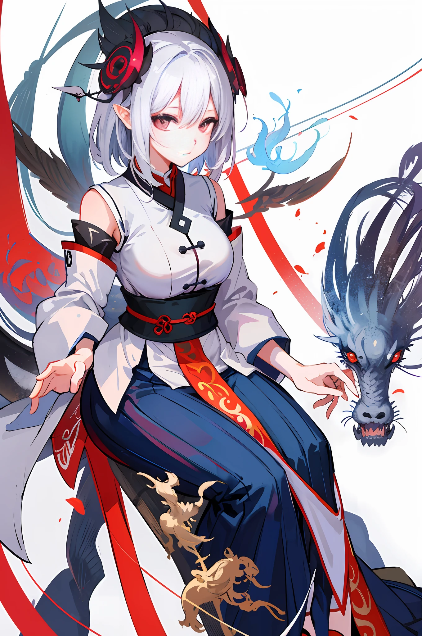 anime character sitting on a rock with a dragon in the background, white haired deity, dragon girl, flowing white robes, zerochan art, demon slayer rui fanart, at pixiv, dragon in the background, trending on artstation pixiv, pixiv, rossdraws sakimimichan, onmyoji detailed art, the dragon girl portrait, by Shitao