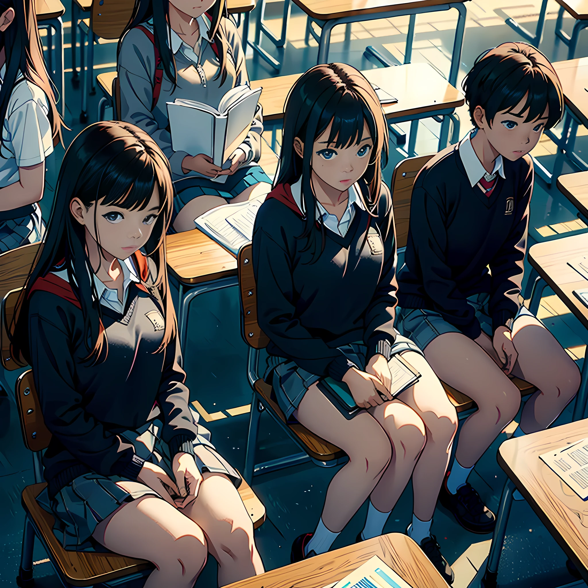 A group of students, Sit straight in your seat, The background is the classroom, ccurate, masterpiece, super detail, best quality