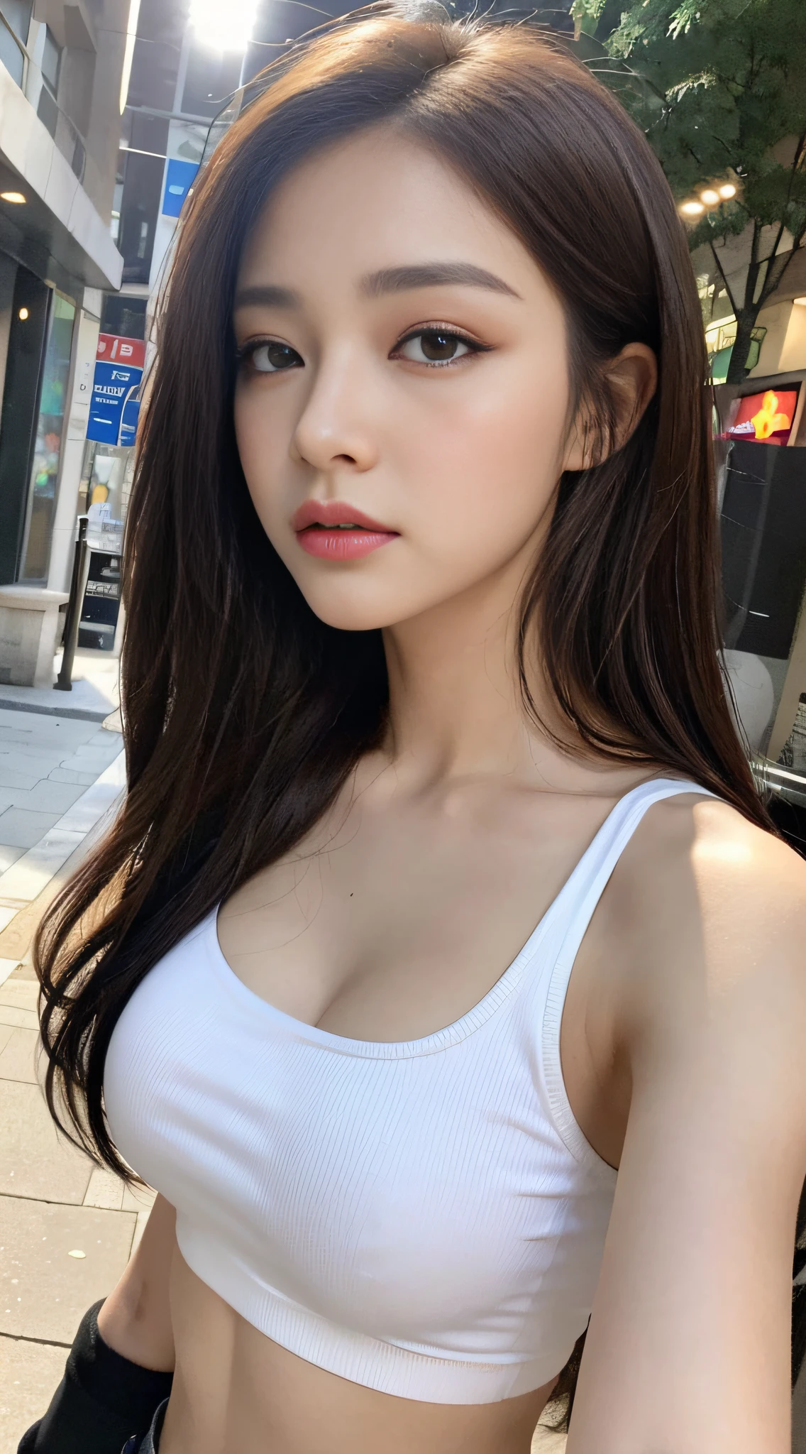 ((Realistic lighting, Best quality, 8K, Masterpiece: 1.3)), Clear focus: 1.2, 1girl, Perfect beauty: 1.4, Big breasts: 1.2, Slim abs: 1.1, ((dark brown hair)), (White crop top: 1.4), (Outdoor, night: 1.1), City streets, Super fine face, fine eyes, Double eyelids,