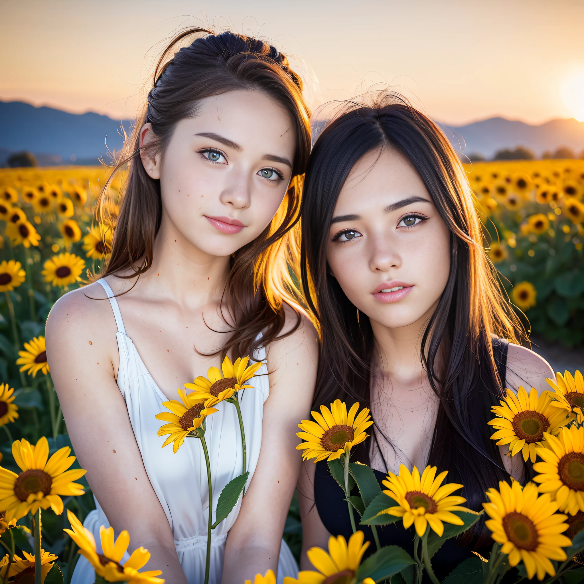 beautiful realistic woman in her twenties with freckles and skindetails in flower field during golden hour, skin with beautiful nostalgic mood and freckles with emotive face with wet skin and petals falling