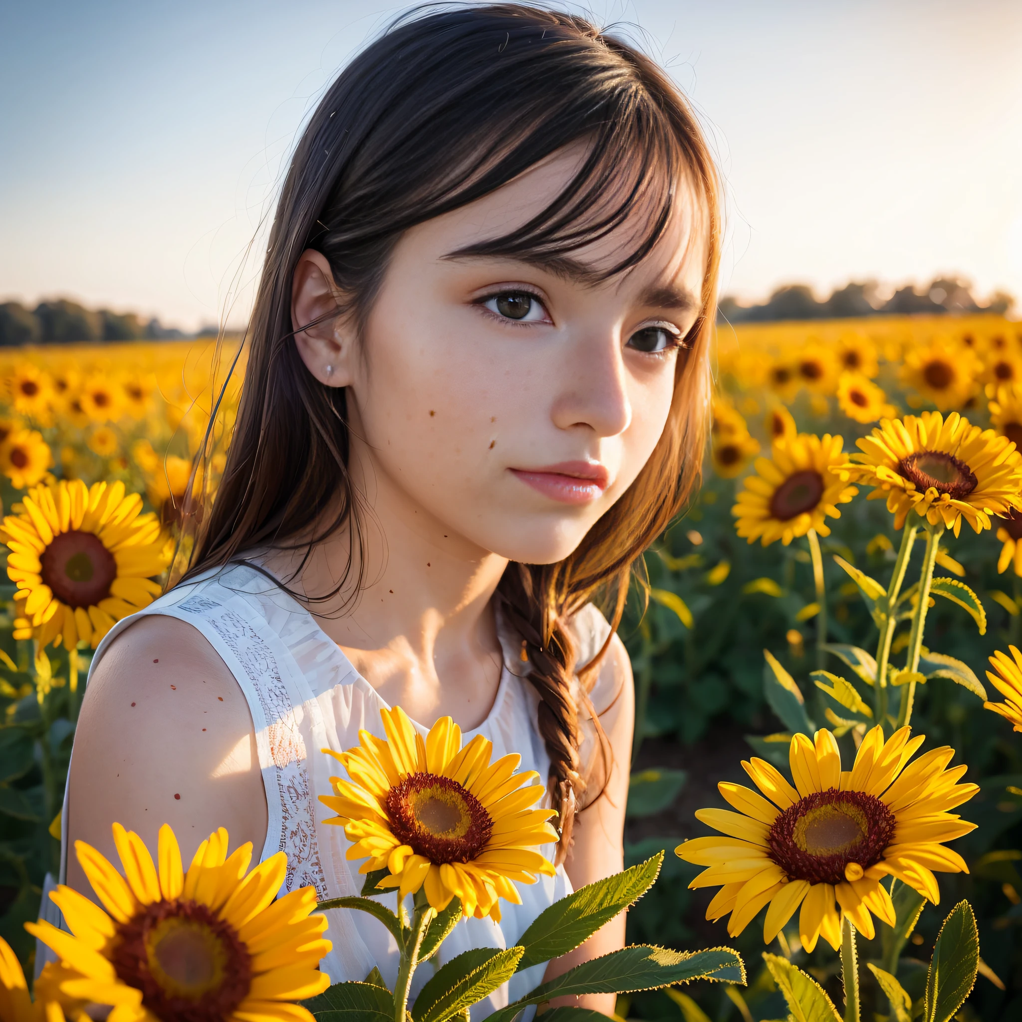 beautiful realistic woman with freckles and skindetails in flower field during golden hour, skin with beautiful nostalgic mood and freckles with emotive face with wet skin and petals falling