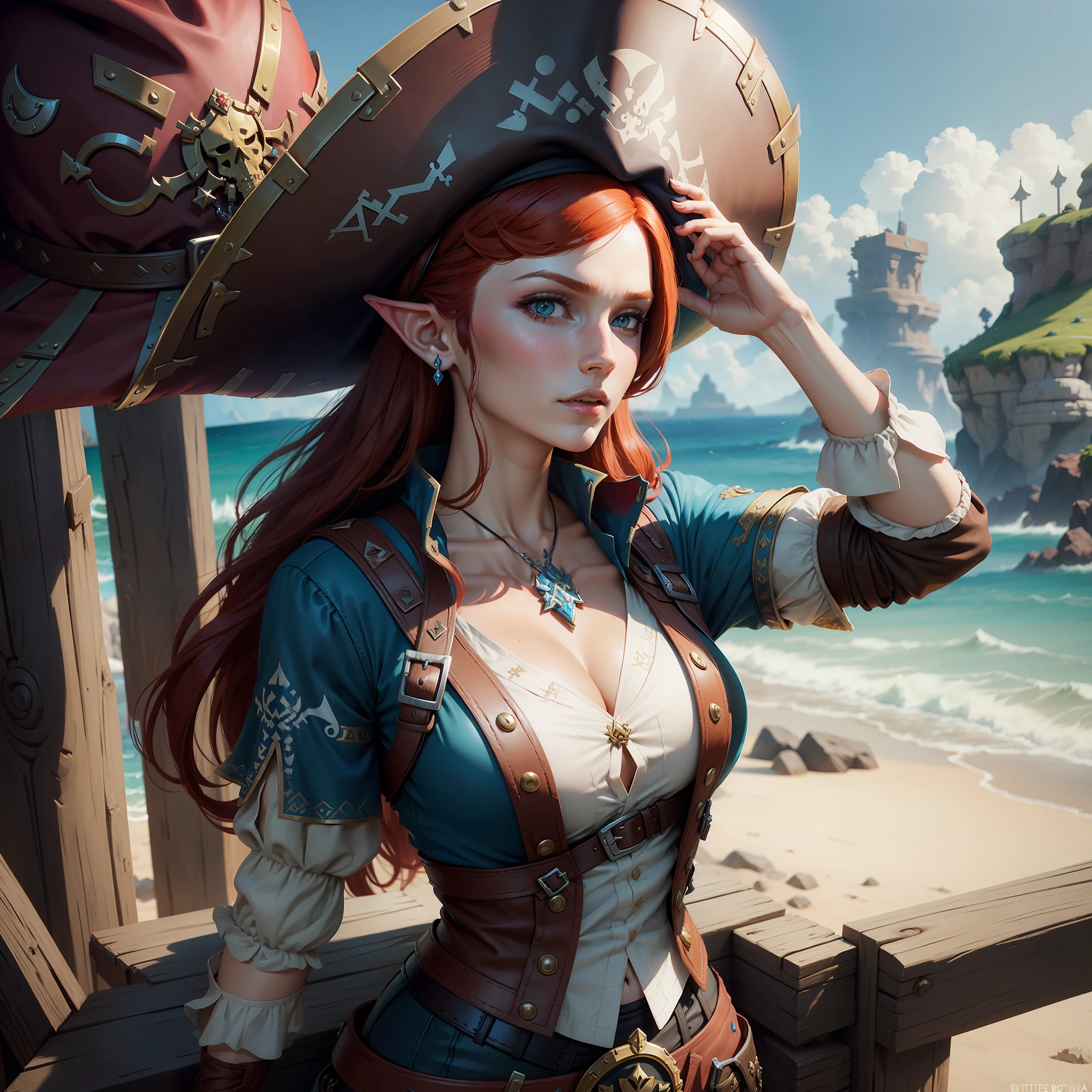 Beautiful redhead woman, pirate clothes, pirate hat, in the style of Zelda botw,
