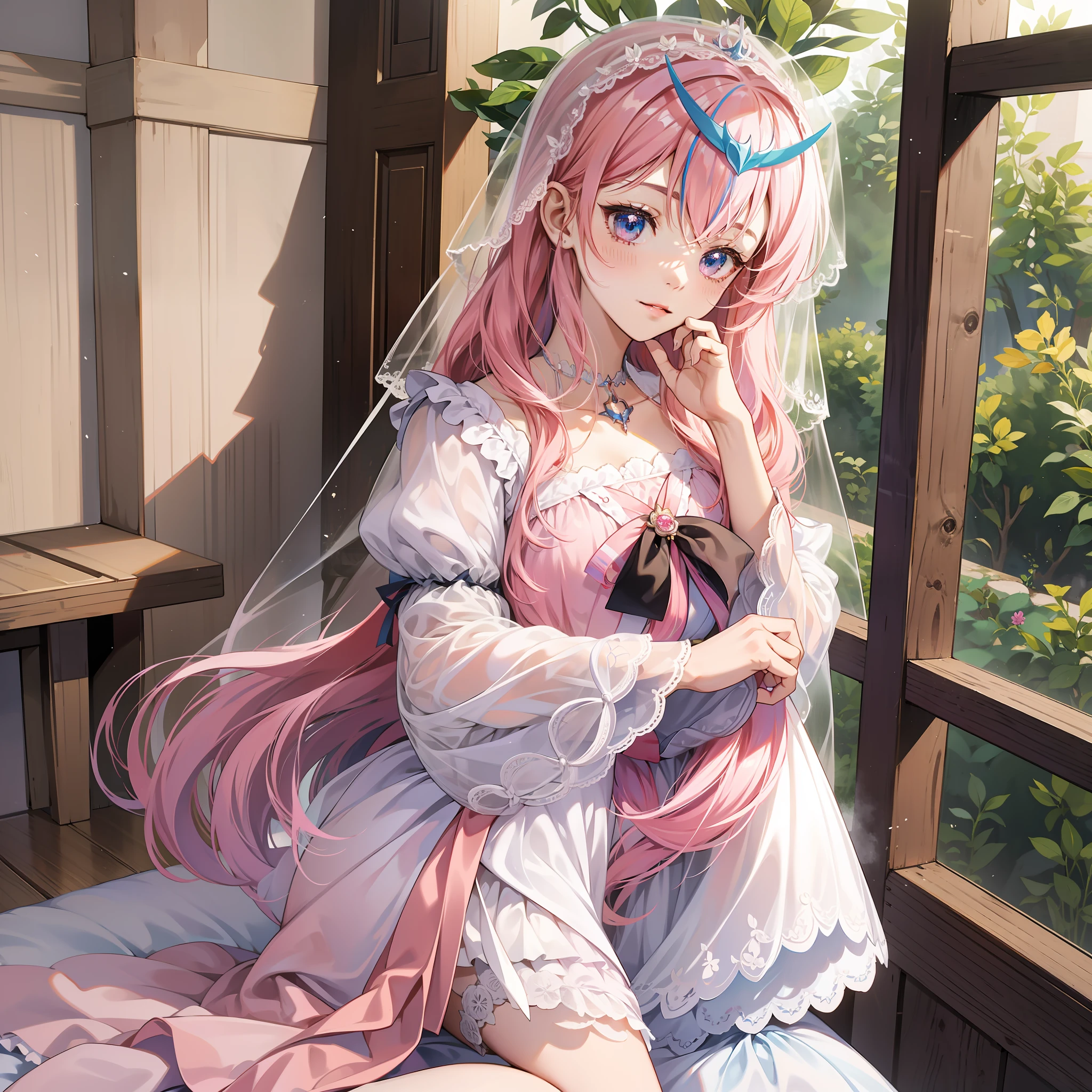 Anime characters with pink hair and veil in the room, from the girl front, fine details. Girl Front, White Dress, Girl Front, Girl Front CG, Girl Front Style, Chiba Yuda, characters from Azure Lane, Hololive