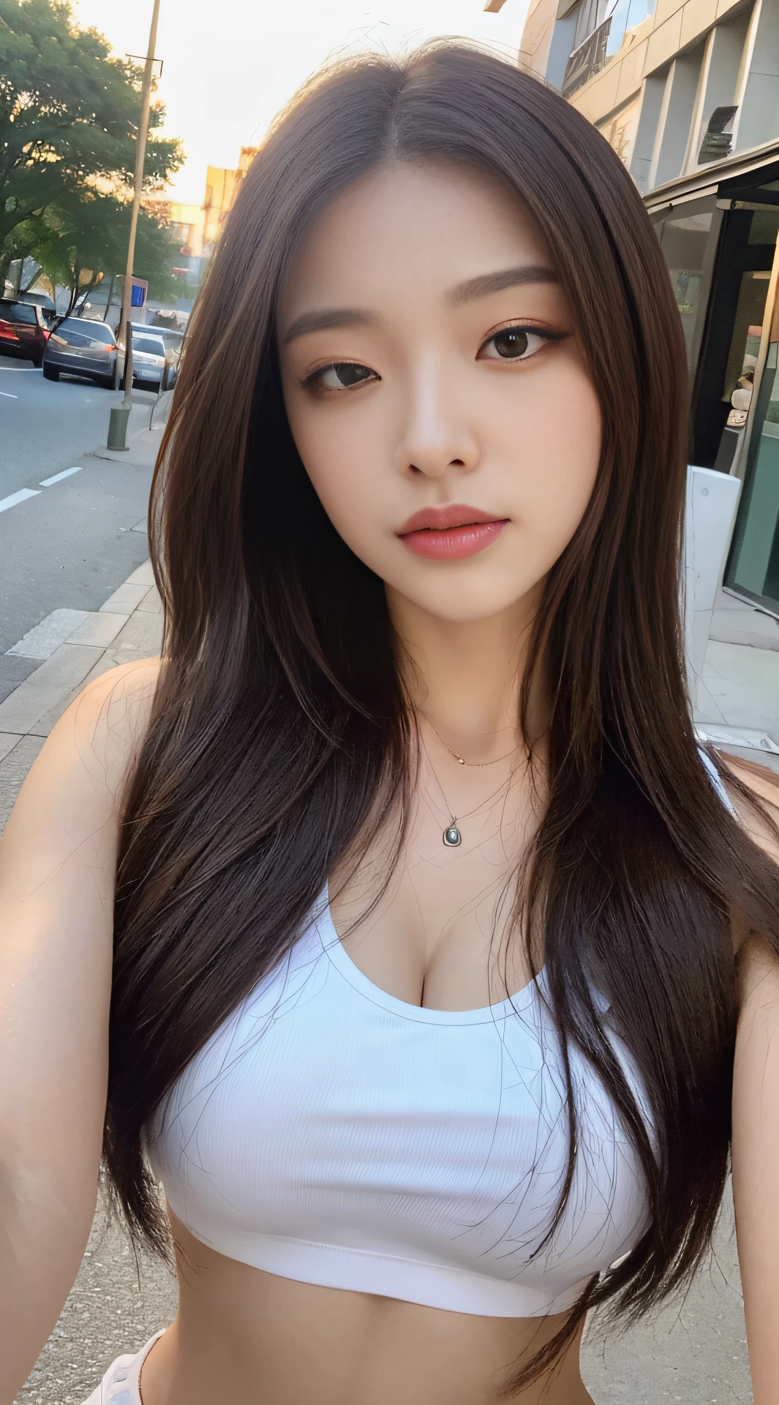 ((Realistic lighting, Best quality, 8K, Masterpiece: 1.3)), Clear focus: 1.2, 1girl, Perfect beauty: 1.4, Big breasts: 1.2, Slim abs: 1.1, ((dark brown hair)), (White crop top: 1.4), (Outdoor, night: 1.1), City streets, Super fine face, fine eyes, Double eyelids,