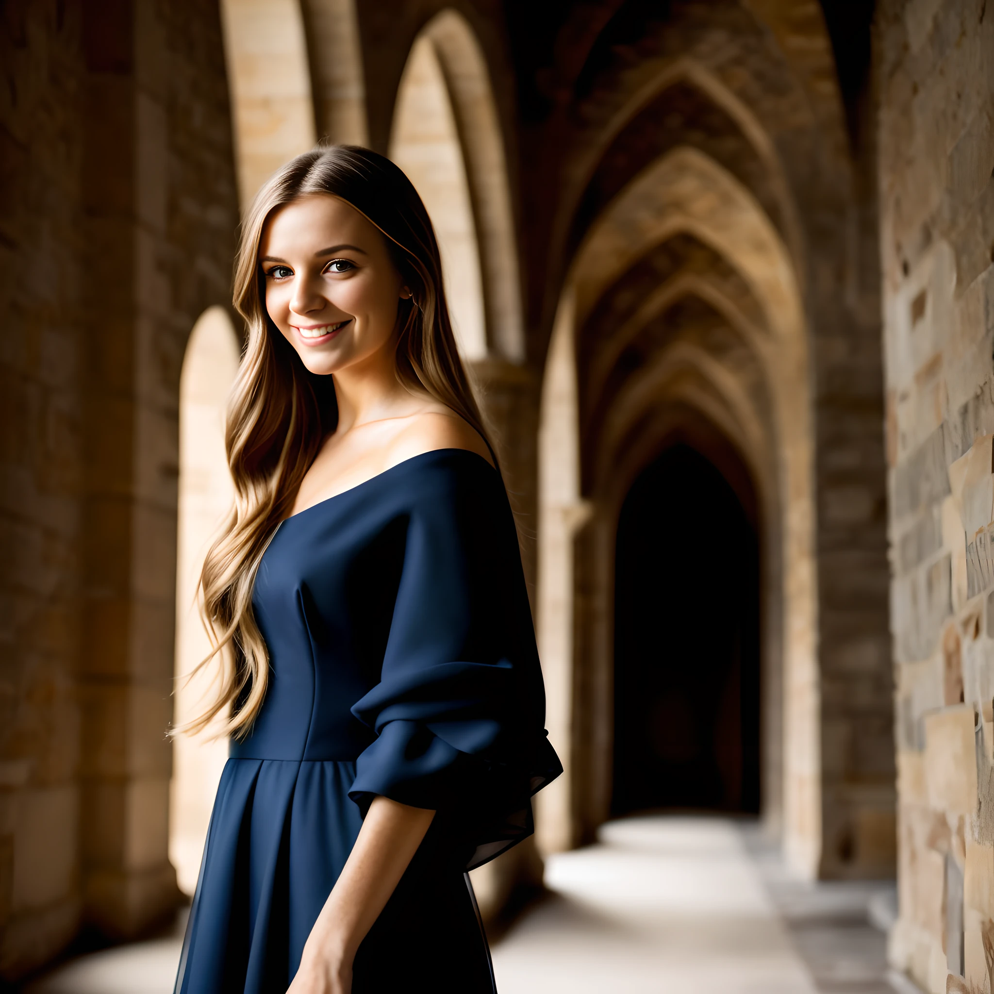 Masterpiece, Best Quality, Official Art, (Stunning Portrait), A Girl, Portrait, (Background Castle Corridor: 1.5), Smile, Sharp Focus, Natural Light, Underground Scattering, Realistic, Photo, HD, 8K.