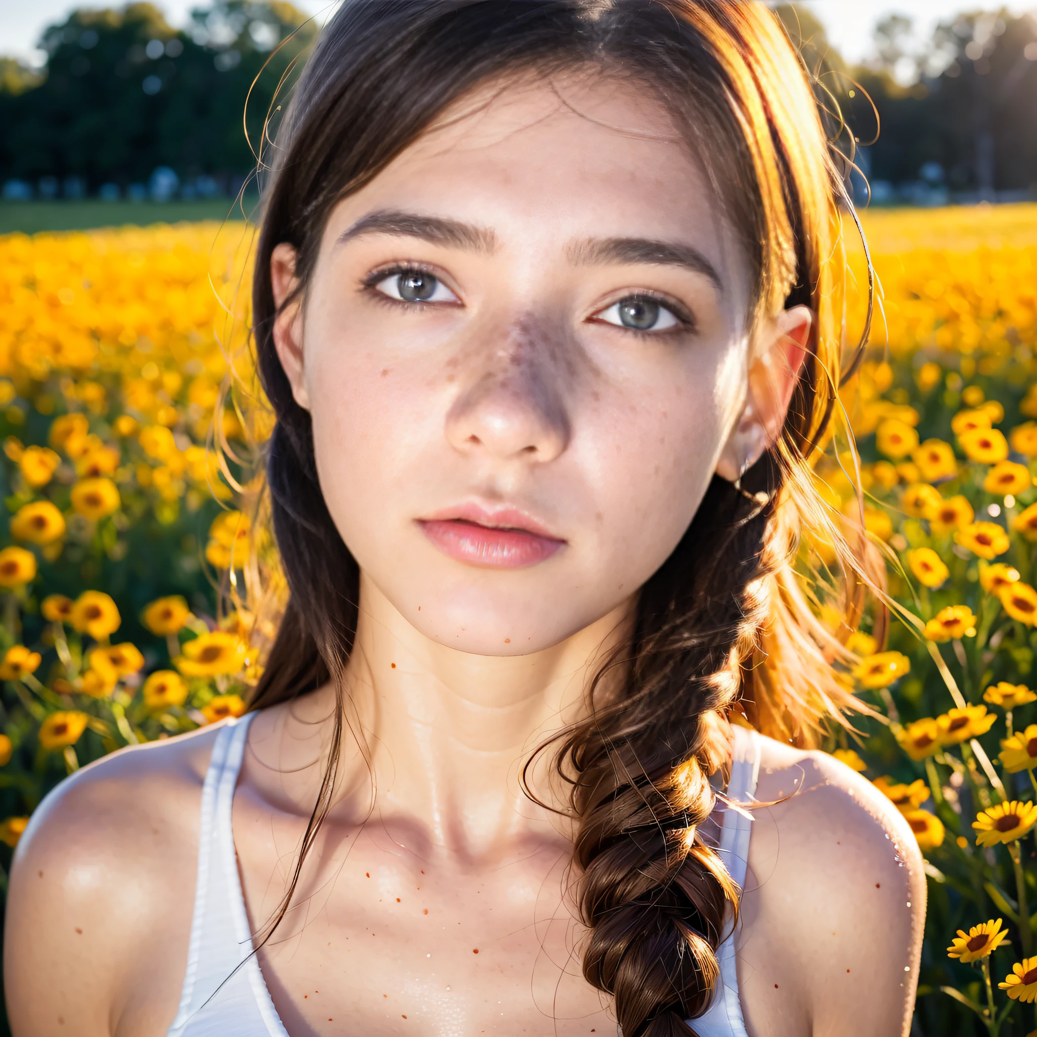beautiful realistic woman with freckles and skindetails in flower field during golden hour, skin with beautiful nostalgic mood and freckles with emotive face with wet skin and petals falling