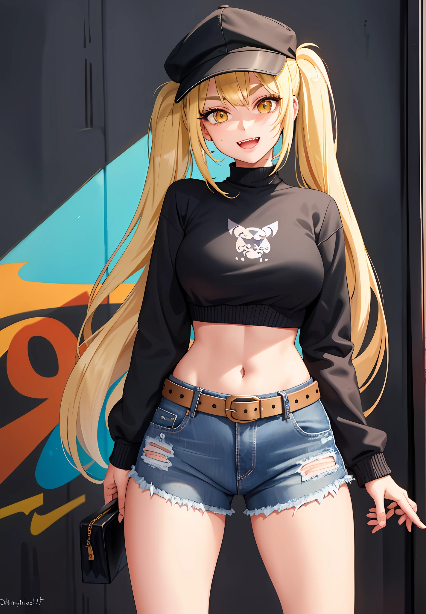 Original Character, Volumetric Lighting, Best Shadows, Shallow Depth of Field, Portrait Of Stunningly Beautiful Girl, Petite, Delicate Beautiful Attractive Face With Alluring Yellow Eyes, Messy Painted Face, Sharp Eyebrows, Broadly Smiling, Open Mouth, Fangs Out, Lovely Medium Breasts, Layered Long Twintail Blond Hair, Blush Eyeshadow, Thick Eyelashes, Applejack Hat, Oversized Pop Jacket, Mini Underboob Tee, Open Navel, Slim Waist, Denim Jeans Pants, With Buckle Belt, In The Graffiti Alley, Waste Container, Outside Stairs, Outdoor Unit, Holding Spray Paint Can, Standing, (Highest Quality, Amazing Details:1.25), (Solo:1.3), Brilliant Colorful Paintings