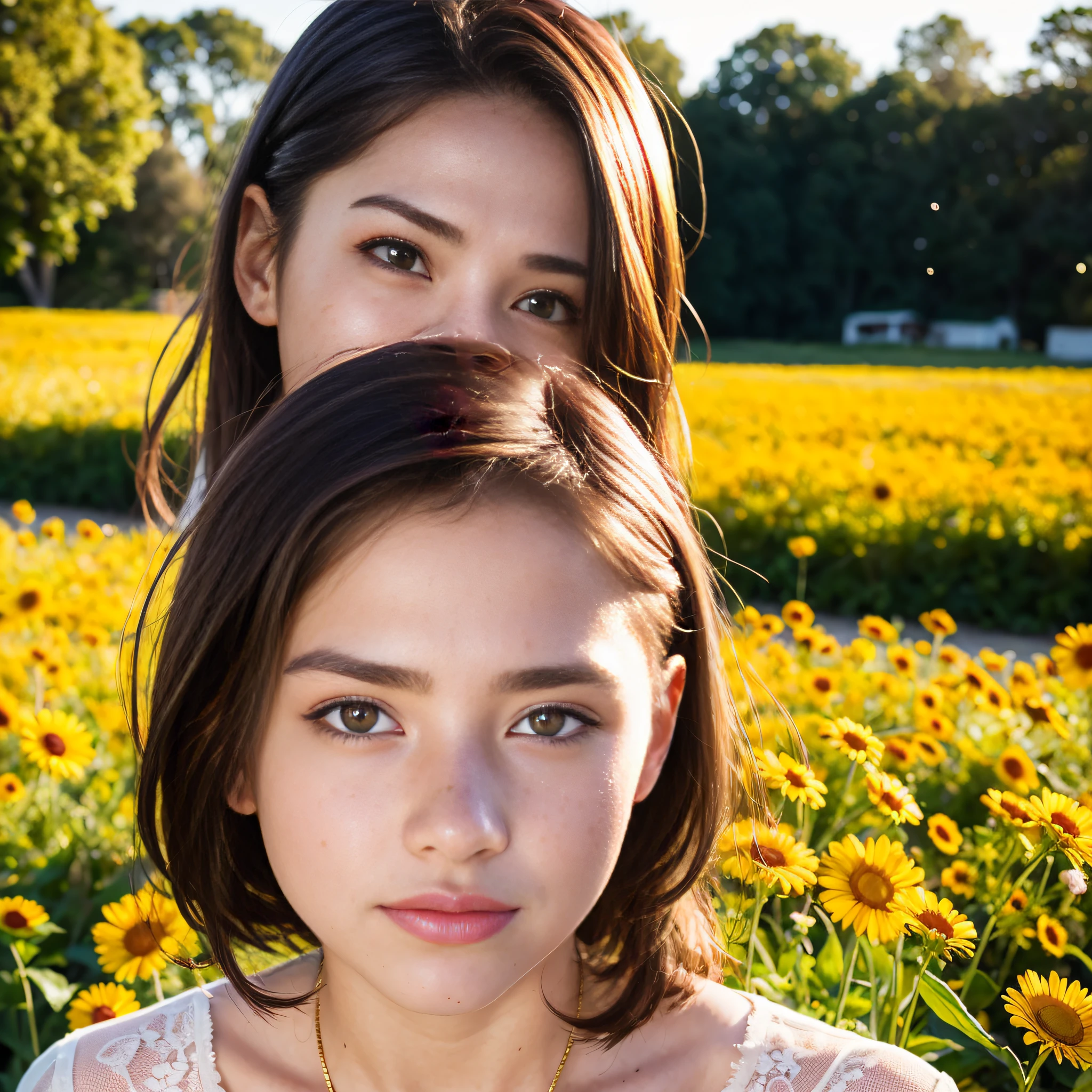 beautiful realistic woman with freckles and skindetails in flower field during golden hour, skin with beautiful nostalgic mood and freckles with emotive face with wet skin and petals falling