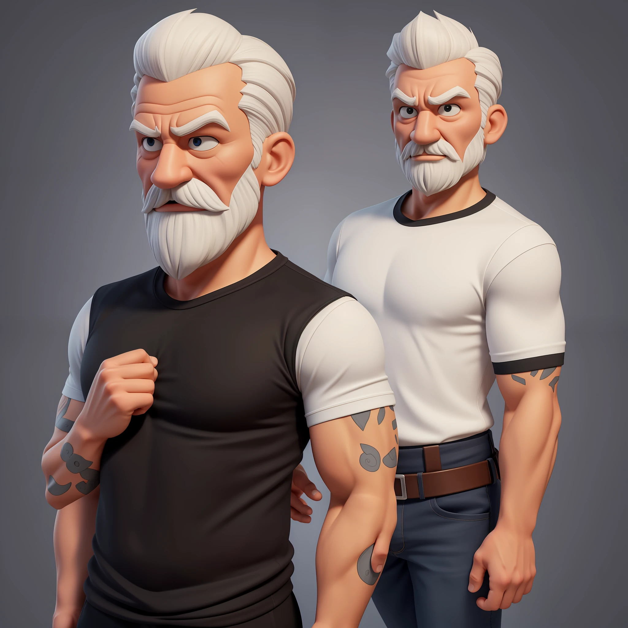 Create a 3d and 8K cartoon of a sad, full-body, well-muscled old man in a white shirt. Make sure the resulting image has a cartoonish look, with vibrant colors and smooth edges. Add details to give the old man a sad look, such as furrowed brows and a tight mouth. Make sure that the black shirt striped with white is an important element of the image, and add details to make it attractive and interesting. Add textures and details to make the image more realistic, such as the appearance of the shirt texture and the appearance of the skin. Make sure the resulting image is high resolution, 8K quality." —c 10 —ar 2