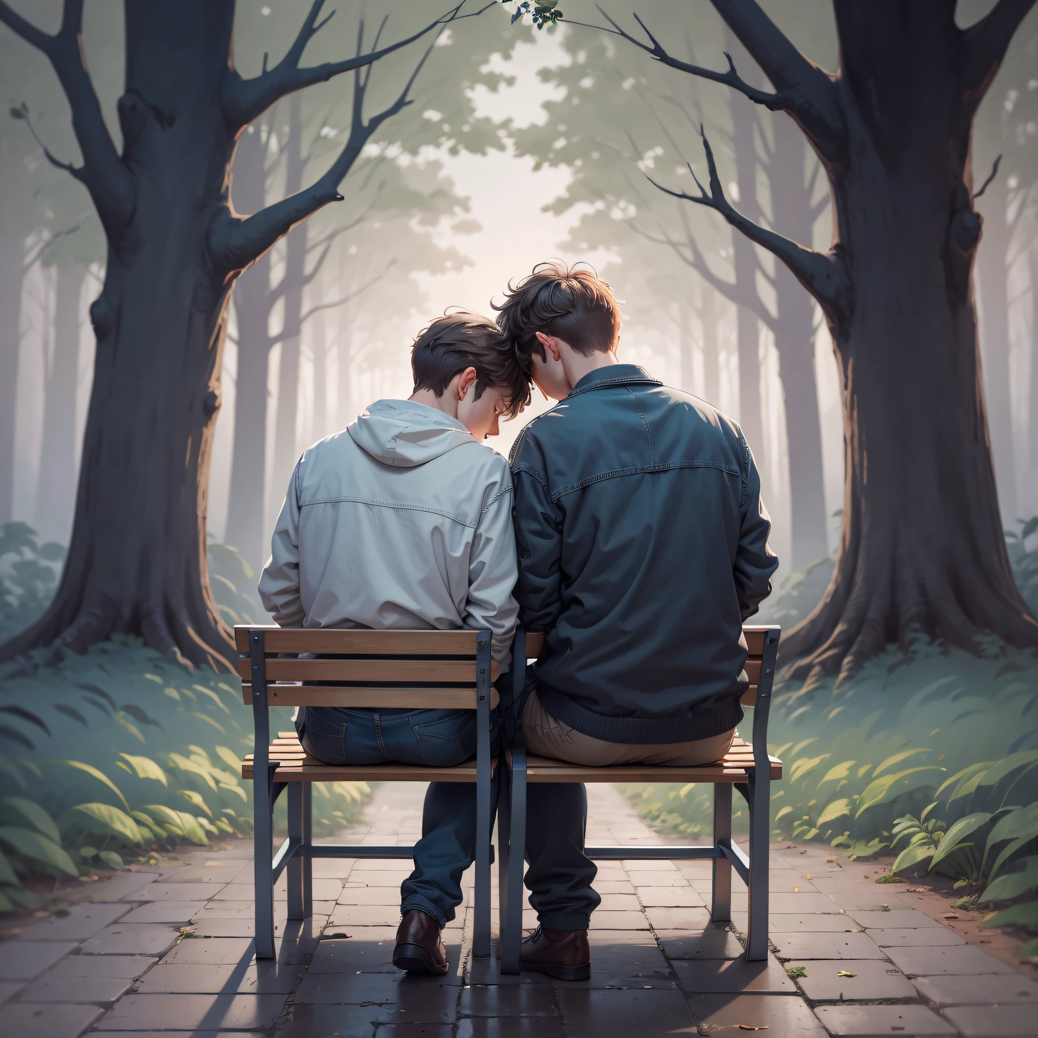 You cans see two guys from the back, sitting on a bench with their head leaning onto each other. There's a gloomy, nostlagic, sad feeling in the air. There's a house on the side. The air is very grey, scales of grey, blue and dark tones. Warm and cozy. Artistic. Cartoon. Cute style. Head leaning on shoulder. A lot of background with trees and stars. --auto --s2
