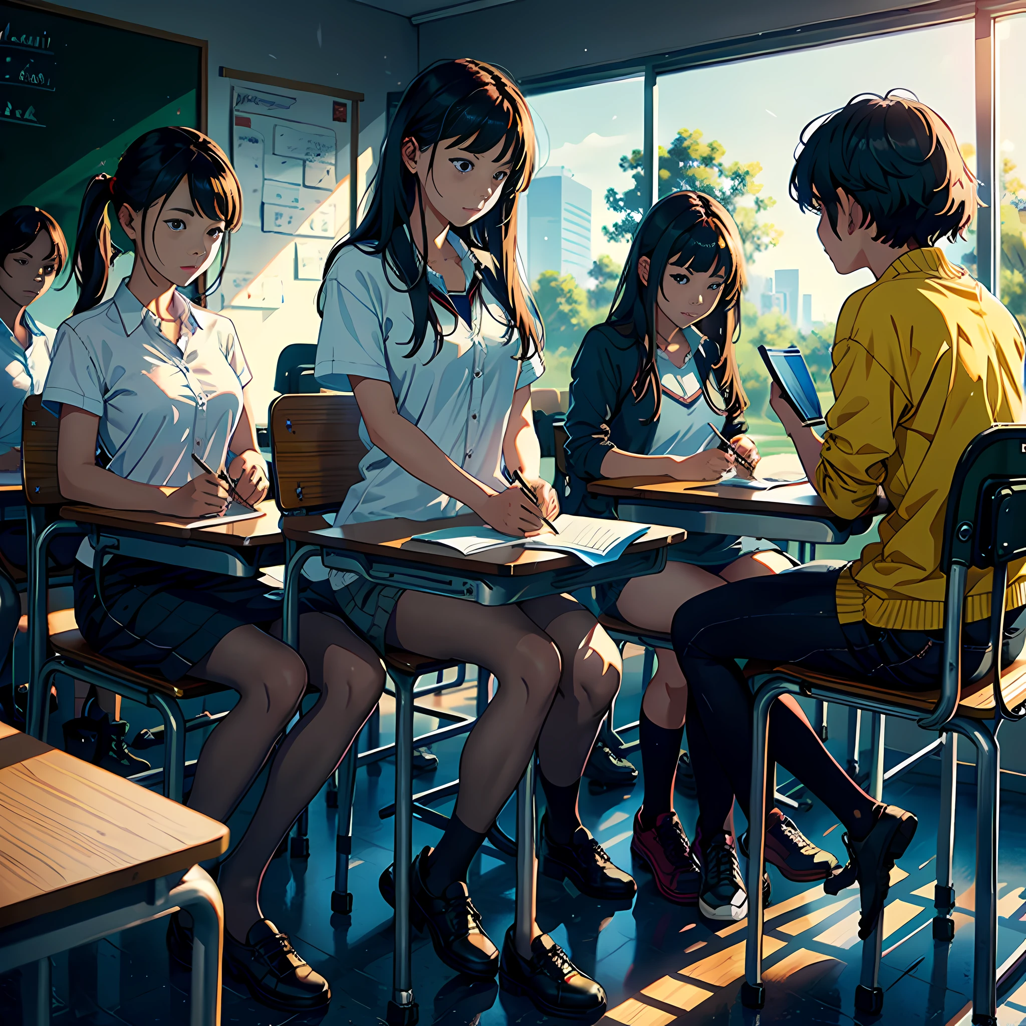 A group of students, Sit straight in your seat, The background is the classroom, ccurate, masterpiece, super detail, best quality
