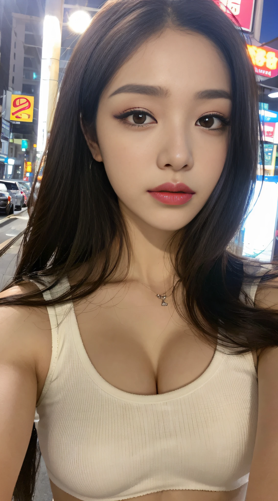 ((Realistic lighting, Best quality, 8K, Masterpiece: 1.3)), Clear focus: 1.2, 1girl, Perfect beauty: 1.4, Big breasts: 1.2, Slim abs: 1.1, ((dark brown hair)), (White crop top: 1.4), (Outdoor, night: 1.1), City streets, Super fine face, fine eyes, Double eyelids,